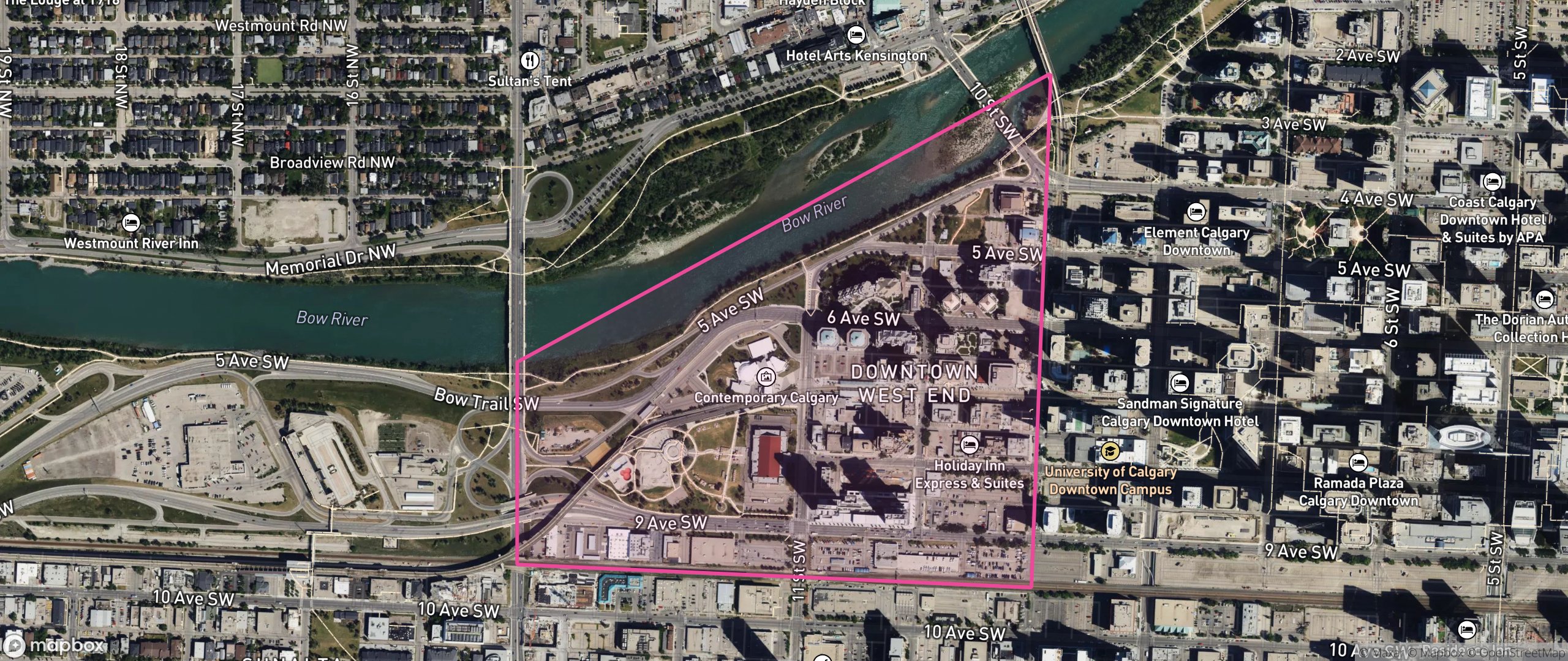 Map of Downtown West End, Calgary showing the community boundary