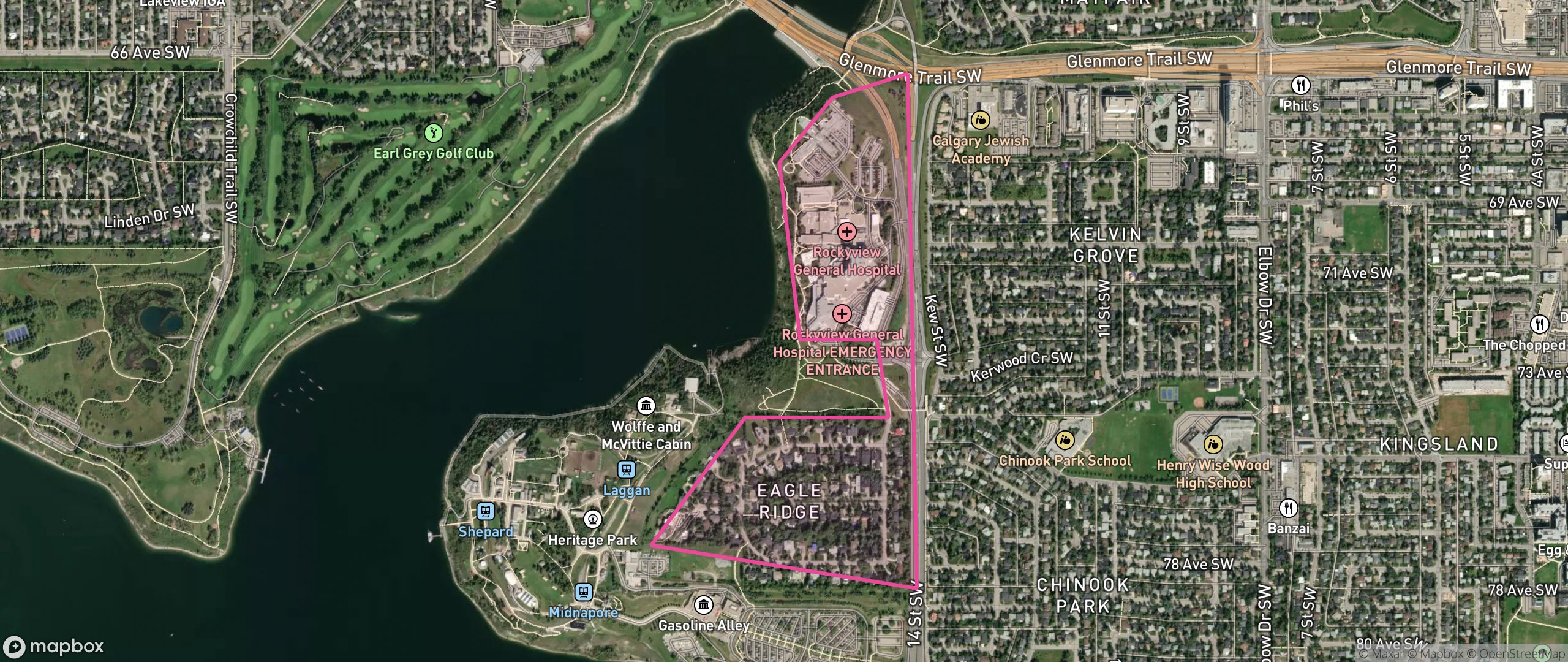 Map of Eagle Ridge, Calgary showing the community boundary