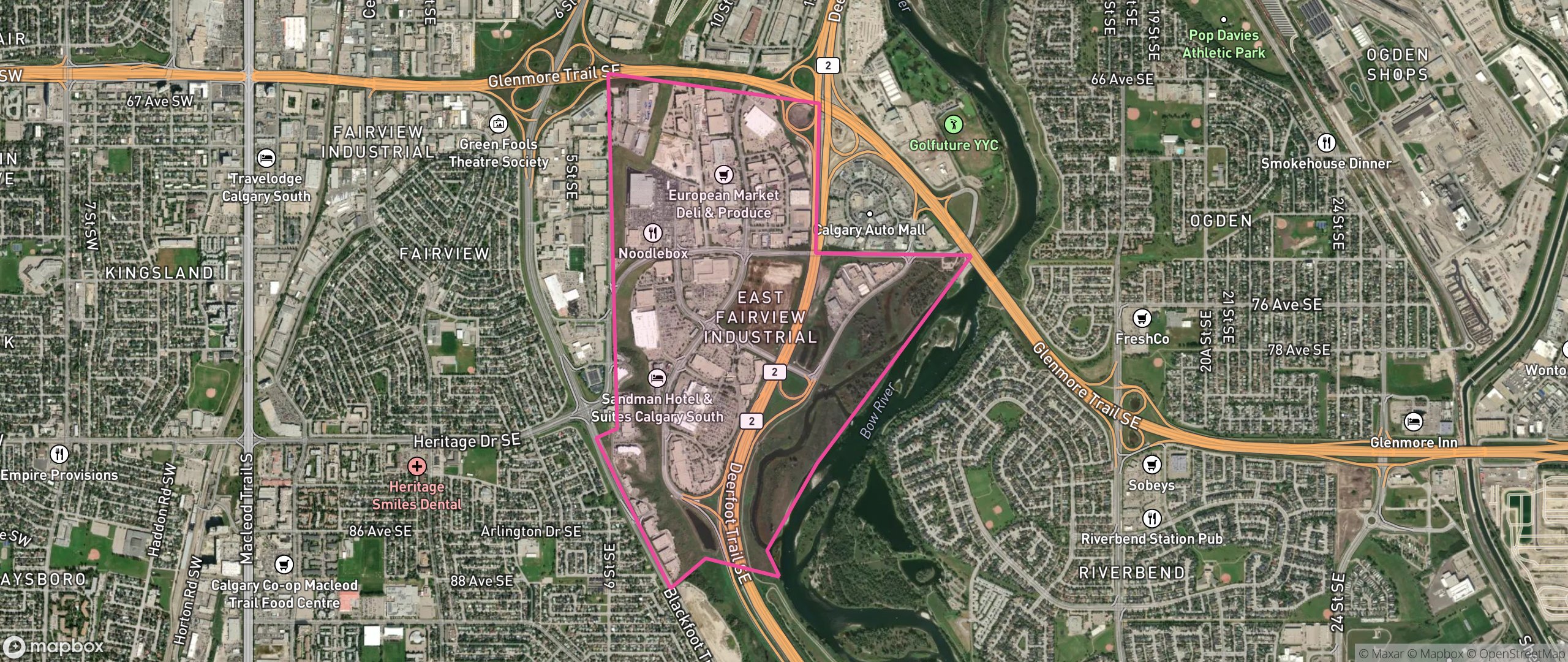 Map of East Fairview Industrial, Calgary showing the community boundary