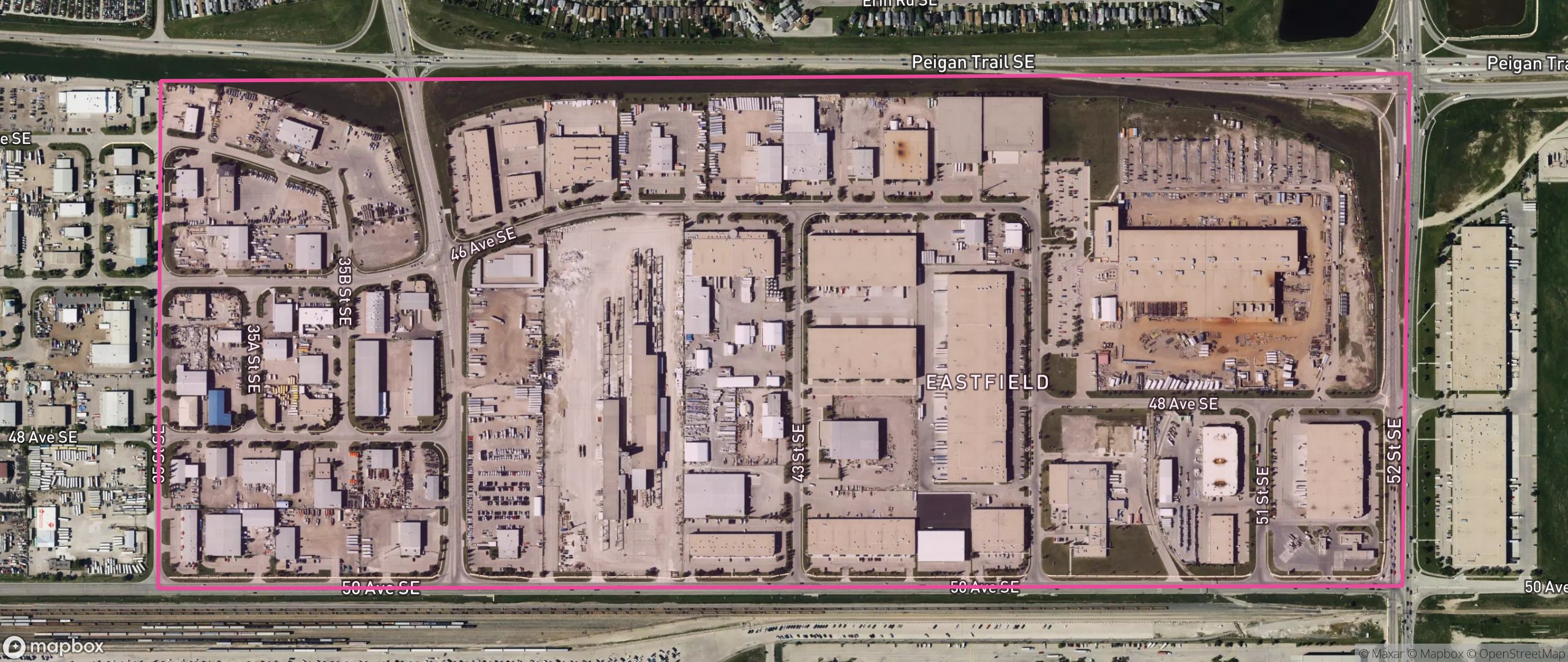 Map of Eastfield, Calgary showing the community boundary