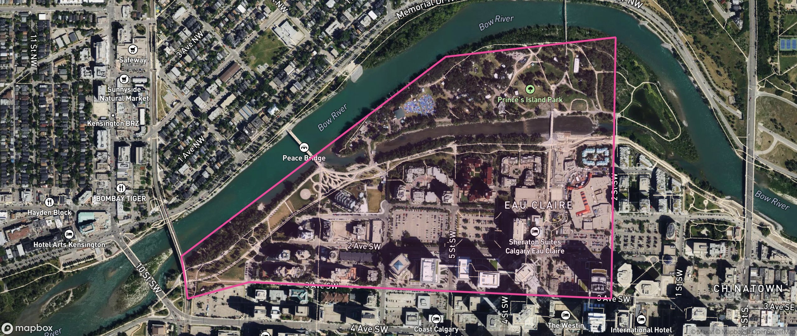 Map of Eau Claire, Calgary showing the community boundary