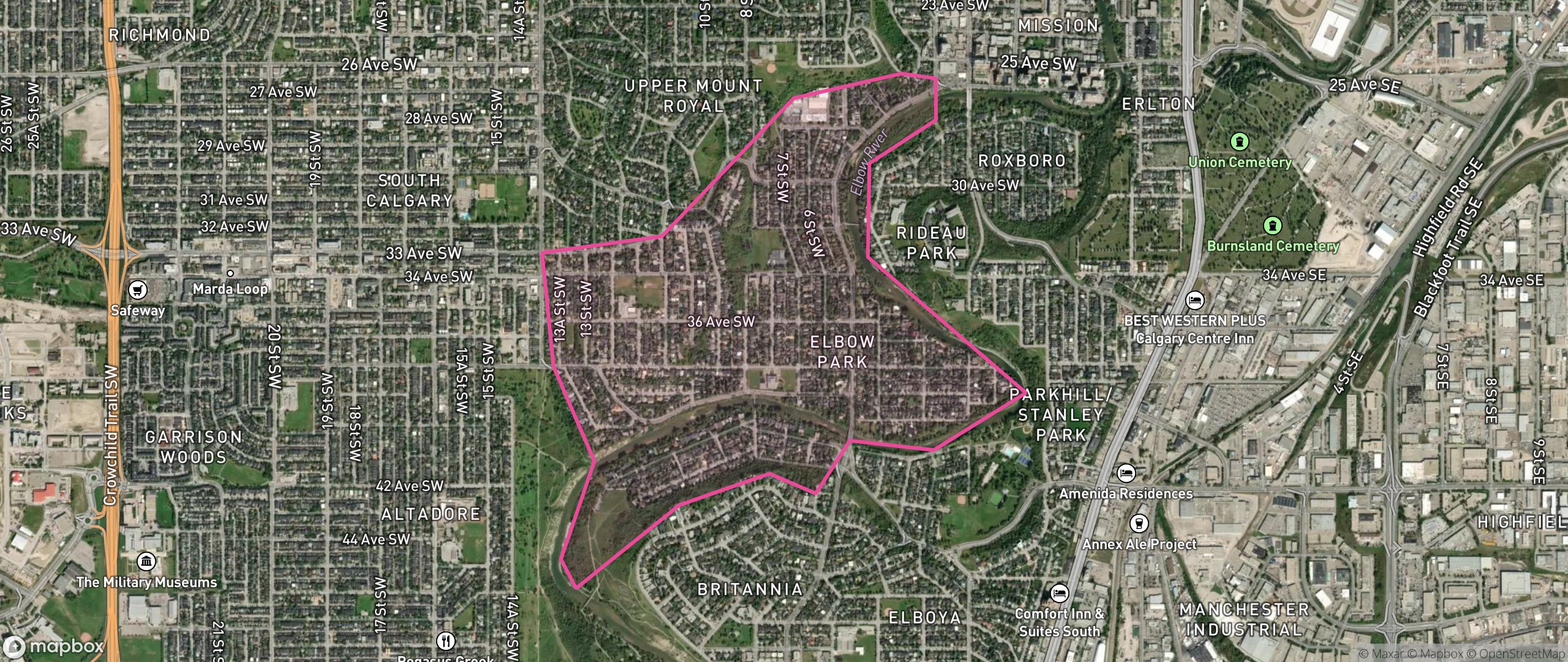 Map of Elbow Park, Calgary showing the community boundary