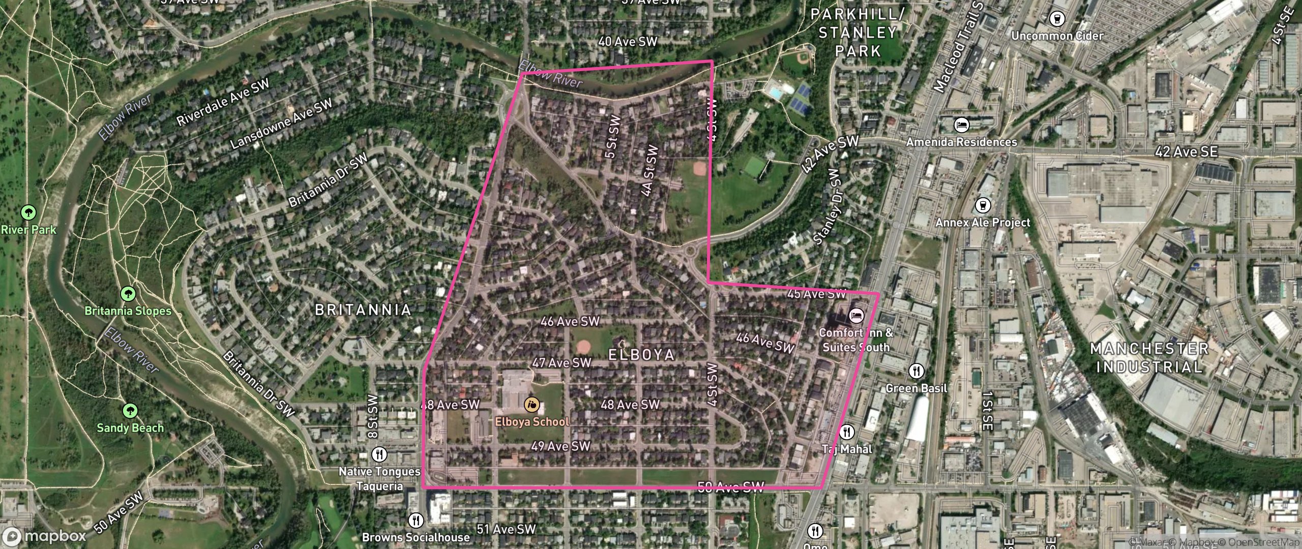 Map of Elboya, Calgary showing the community boundary