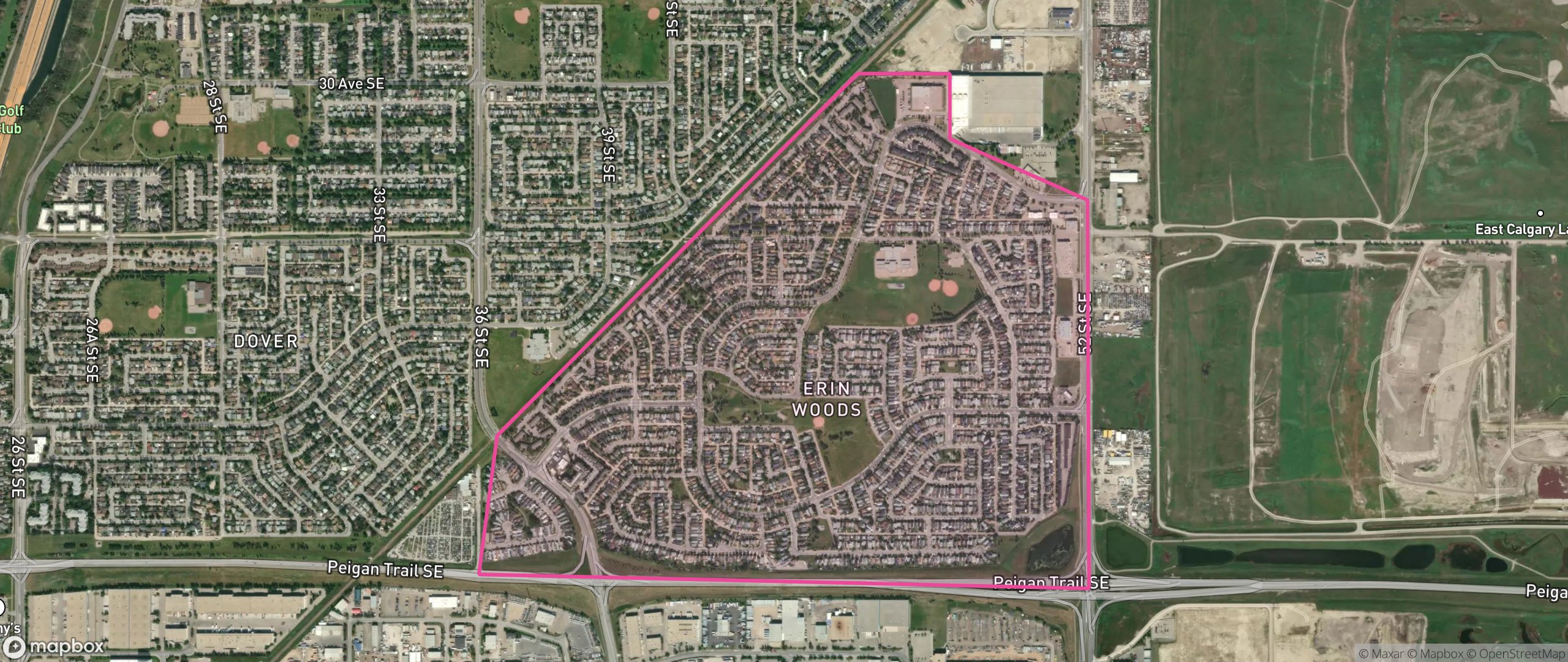 Map of Erin Woods, Calgary showing the community boundary