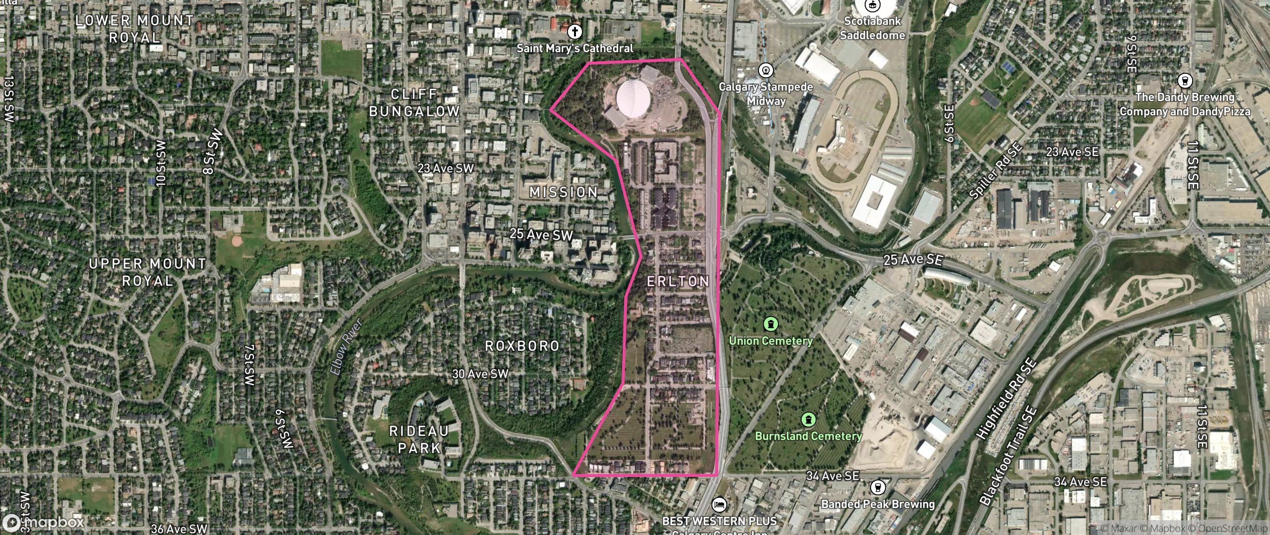 Map of Erlton, Calgary showing the community boundary