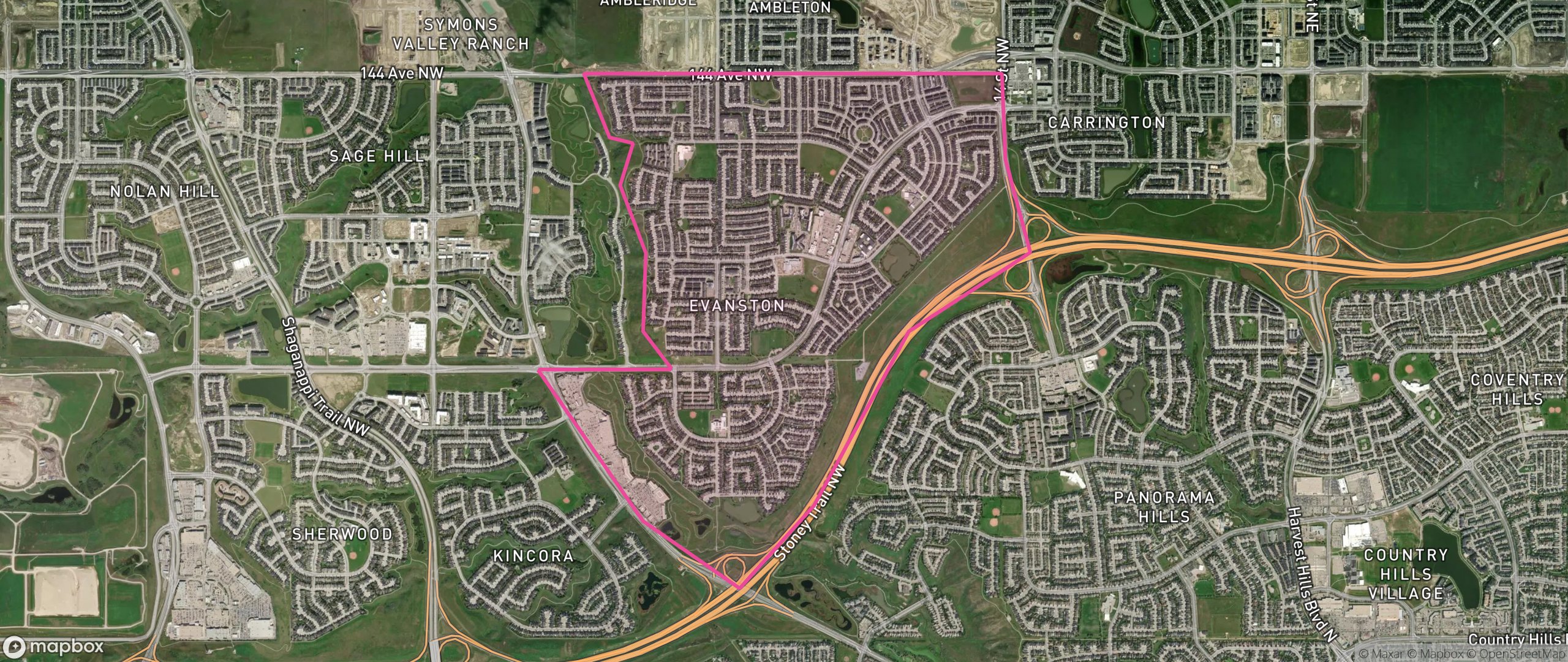 Map of Evanston, Calgary showing the community boundary
