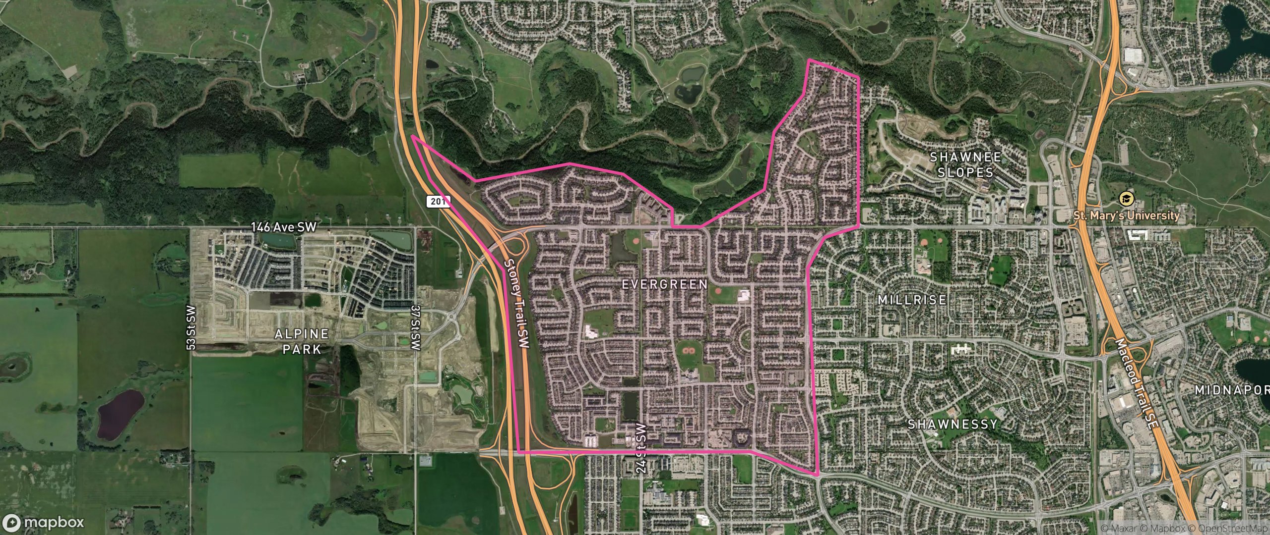 Map of Evergreen, Calgary showing the community boundary