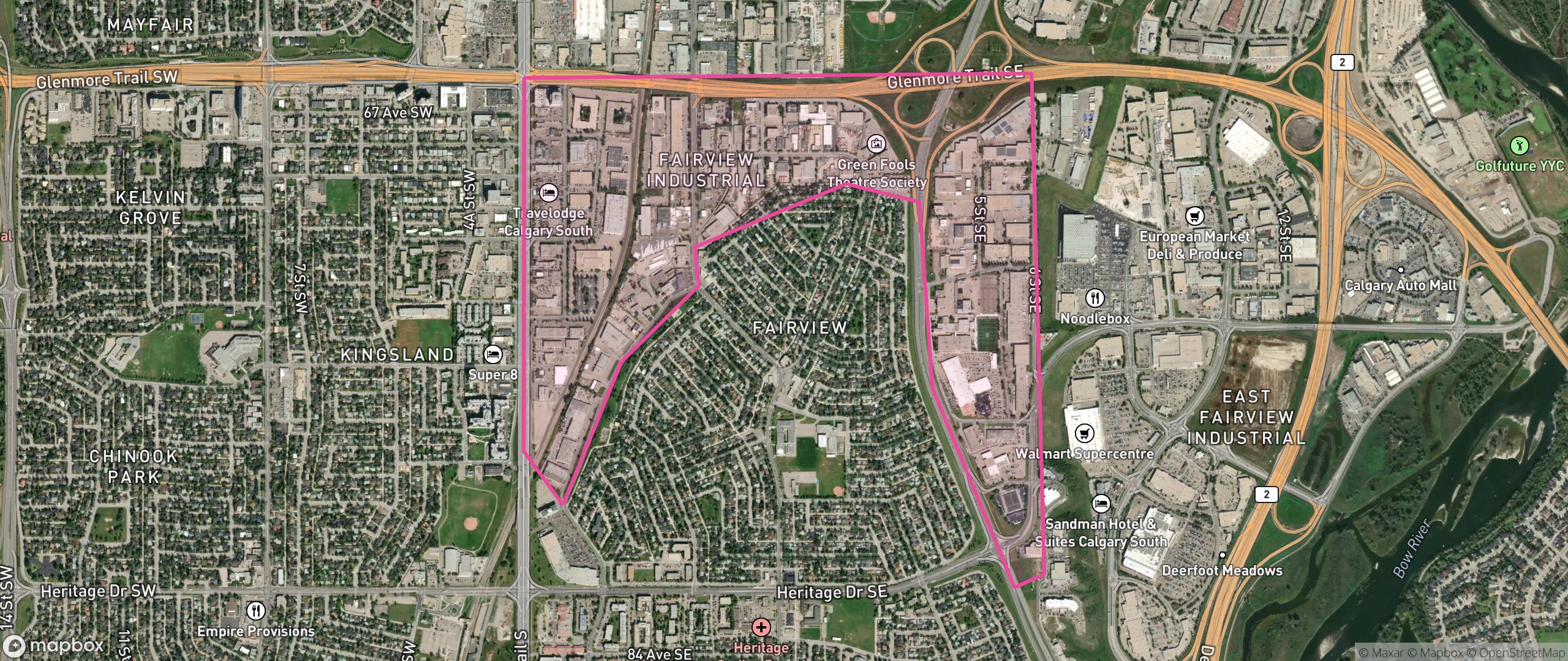 Map of Fairview Industrial, Calgary showing the community boundary
