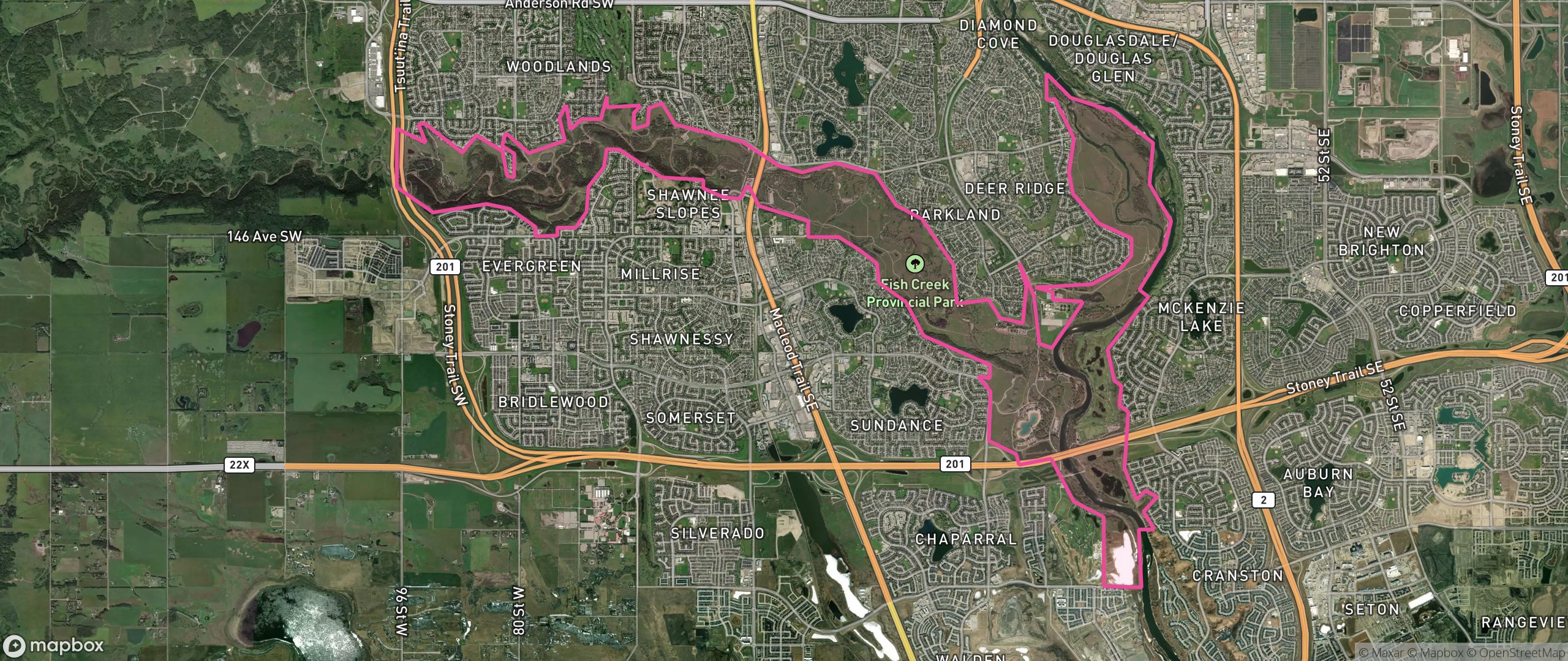 Map of Fish Creek Park, Calgary showing the community boundary