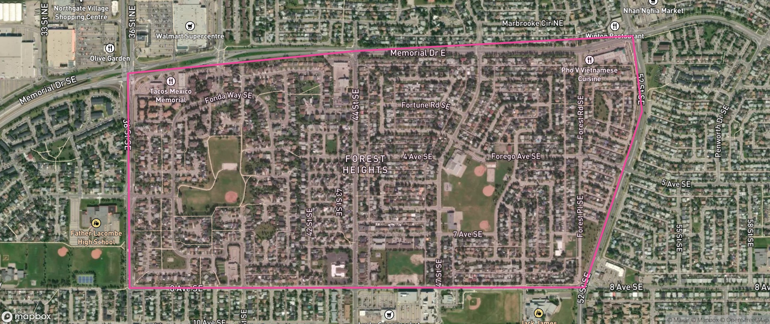 Map of Forest Heights, Calgary showing the community boundary