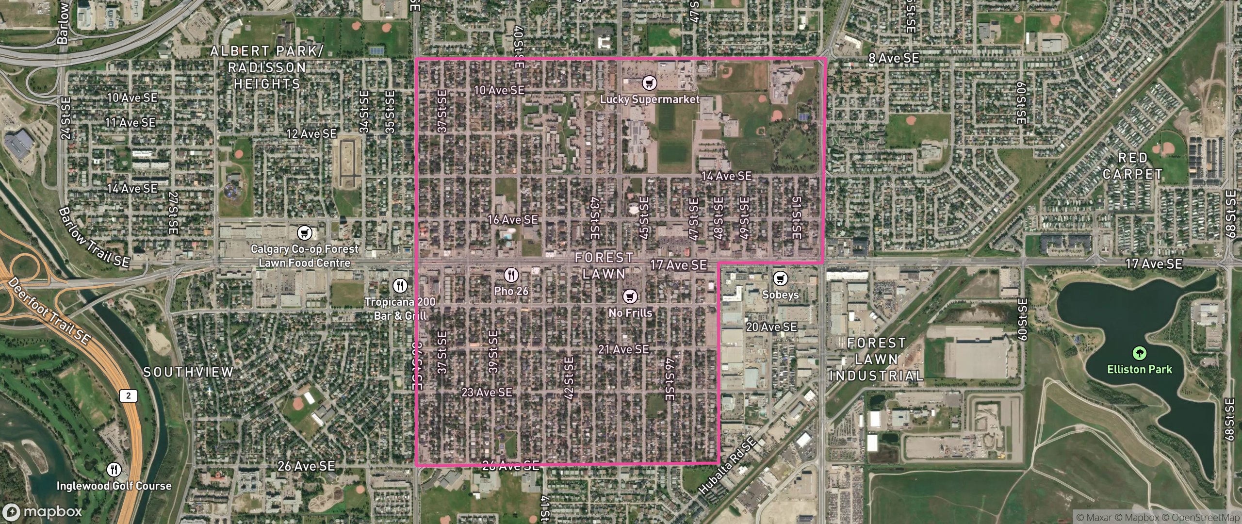 Map of Forest Lawn, Calgary showing the community boundary