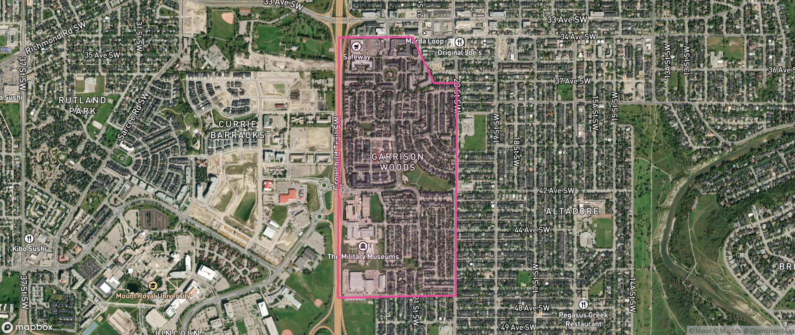 Map of Garrison Woods, Calgary showing the community boundary