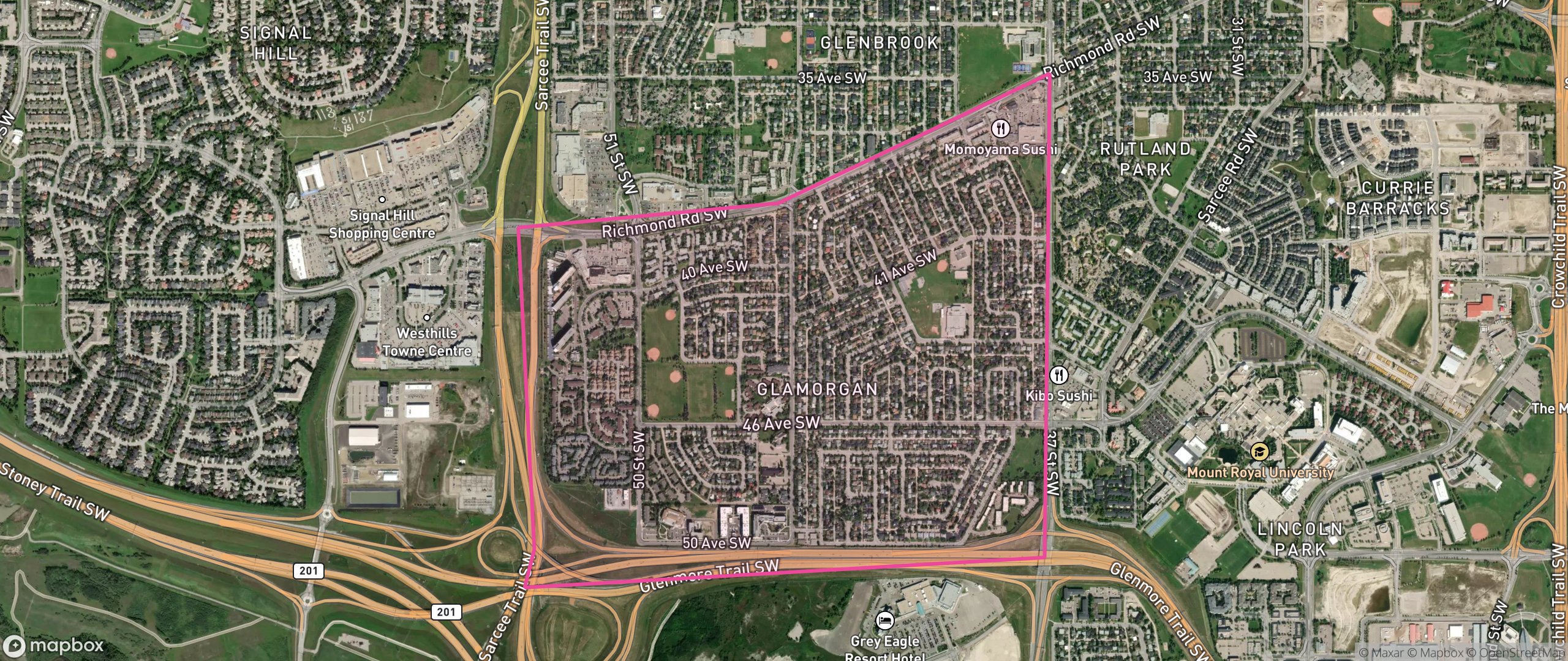 Map of Glamorgan, Calgary showing the community boundary