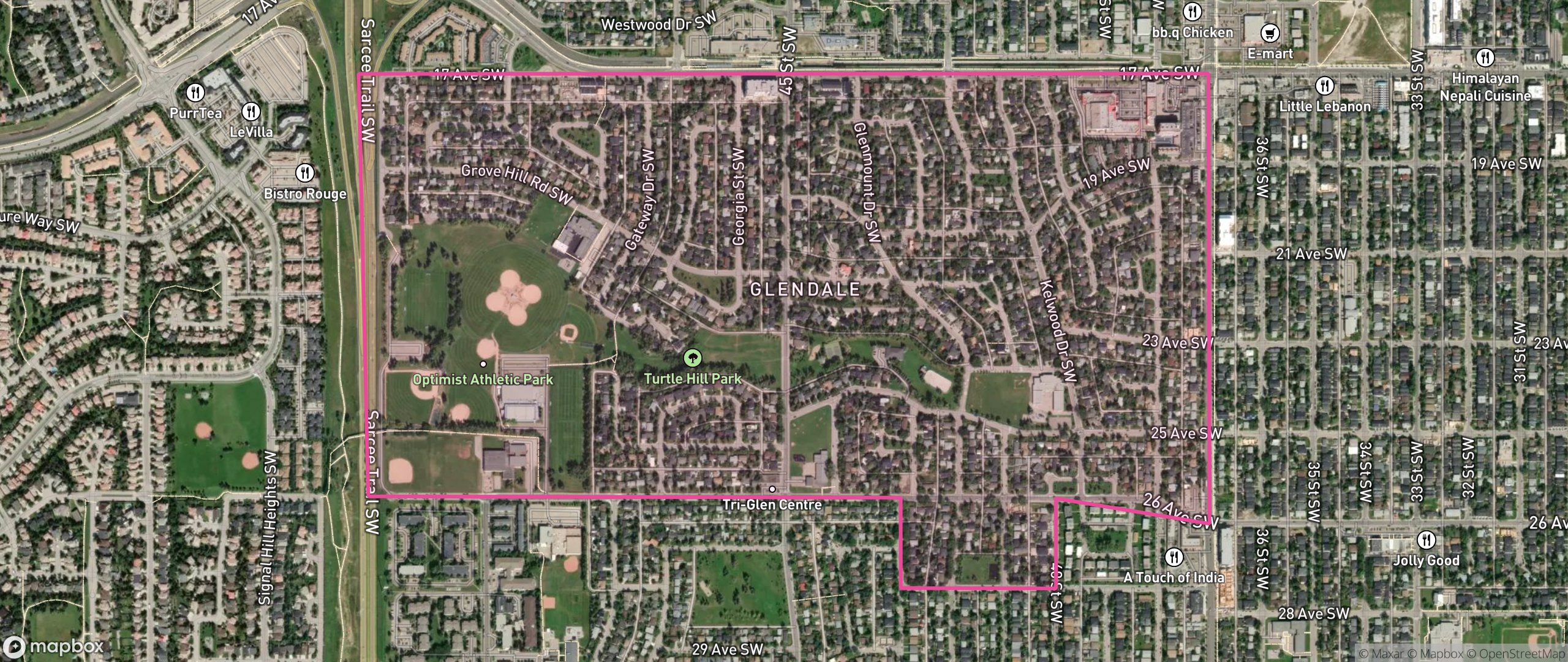 Map of Glendale, Calgary showing the community boundary