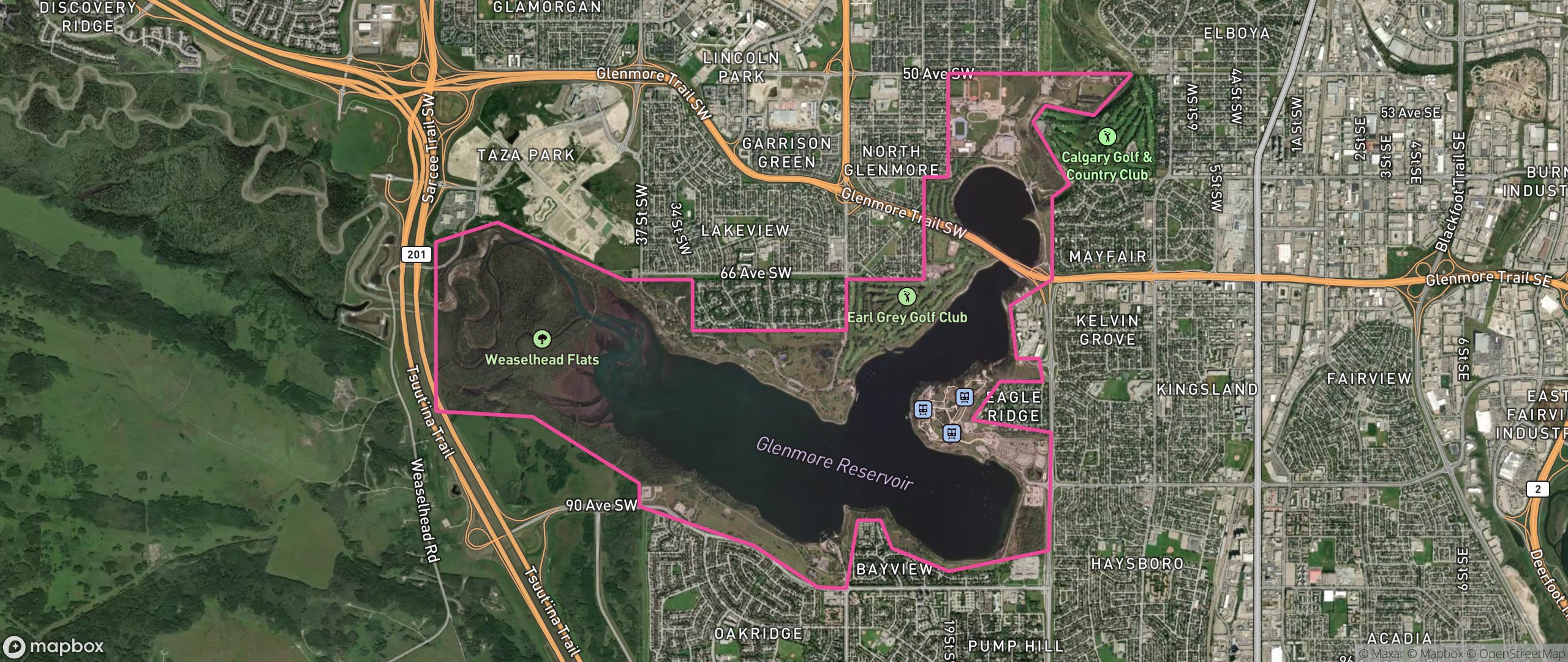 Map of Glenmore Park, Calgary showing the community boundary