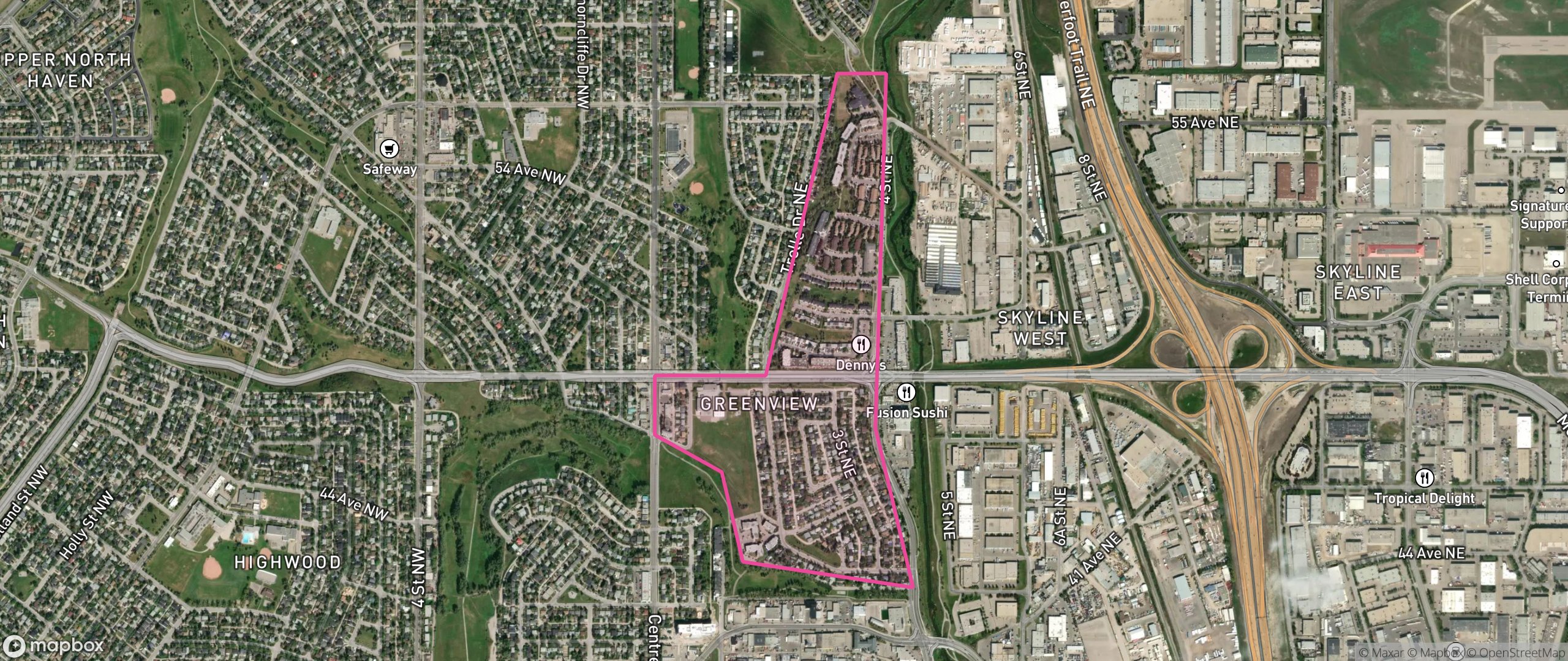 Map of Greenview, Calgary showing the community boundary