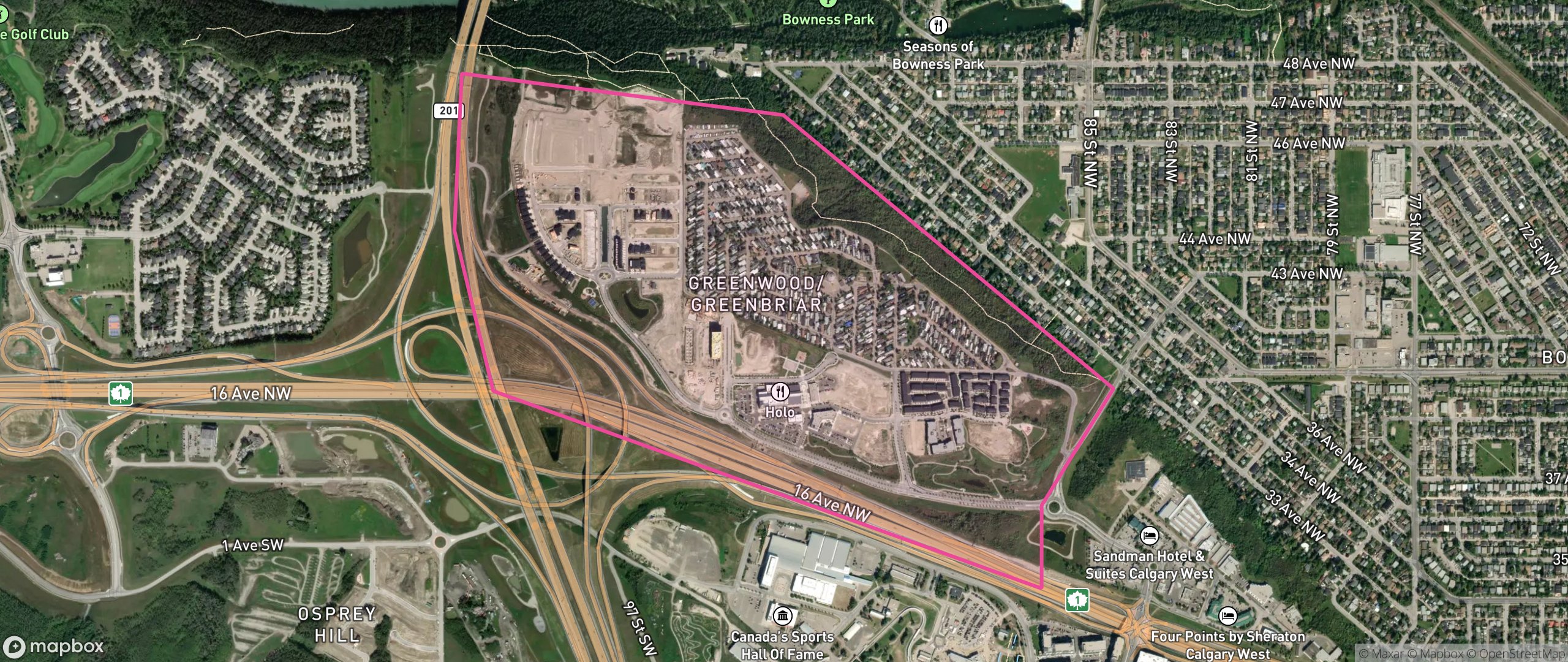 Map of Greenwood/Greenbriar, Calgary showing the community boundary