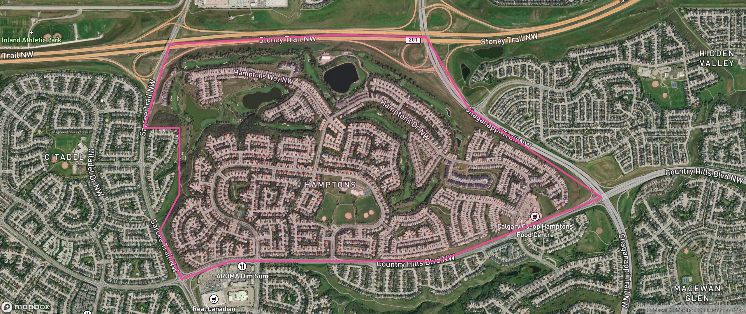 Map of Hamptons, Calgary showing the community boundary