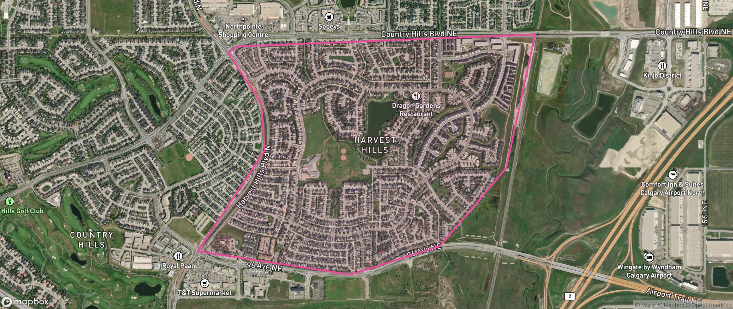 Map of Harvest Hills, Calgary showing the community boundary