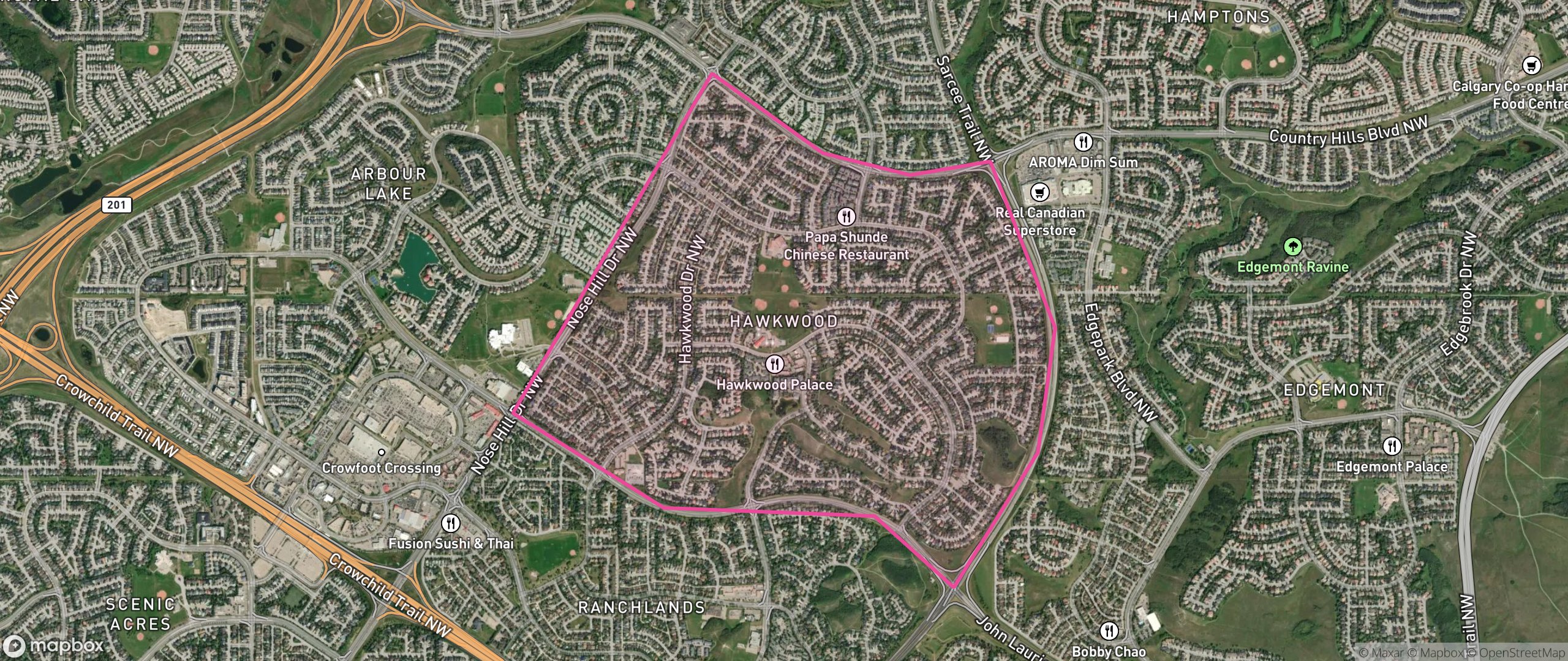 Map of Hawkwood, Calgary showing the community boundary