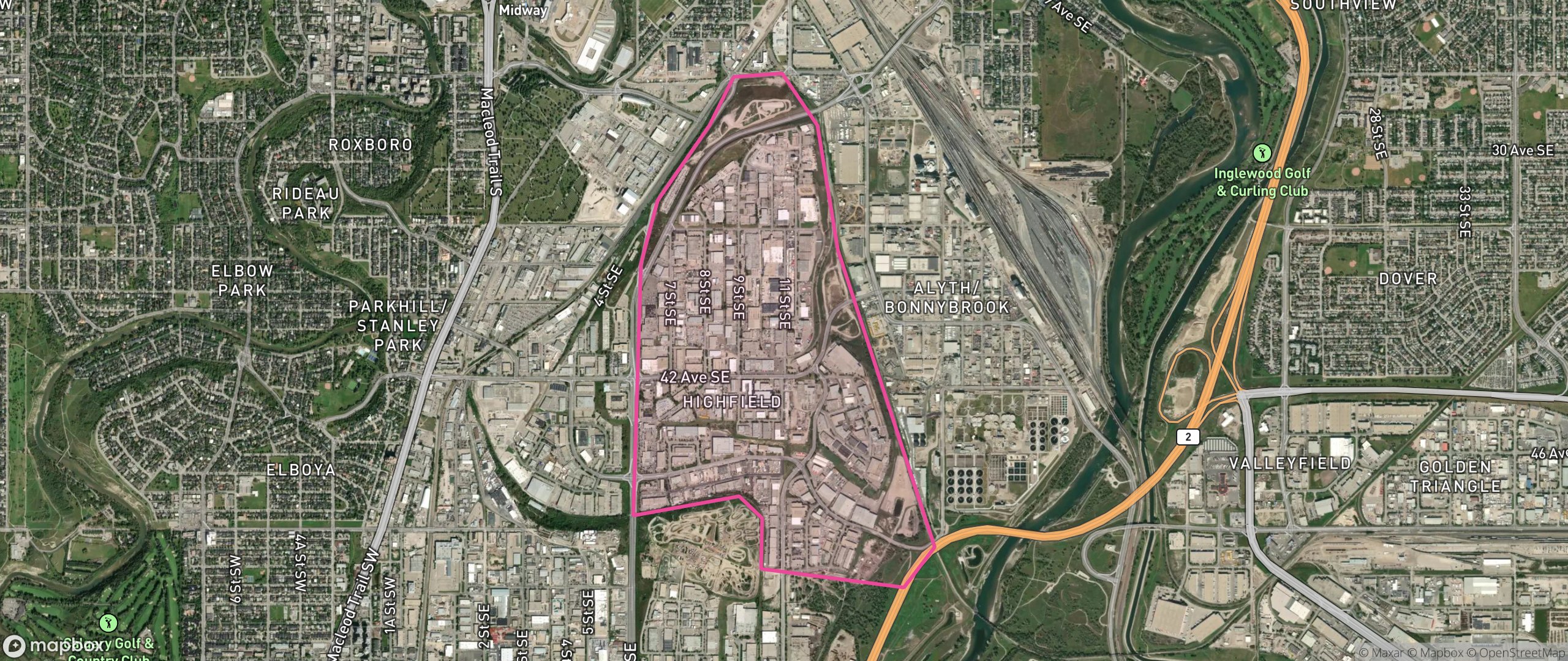 Map of Highfield, Calgary showing the community boundary
