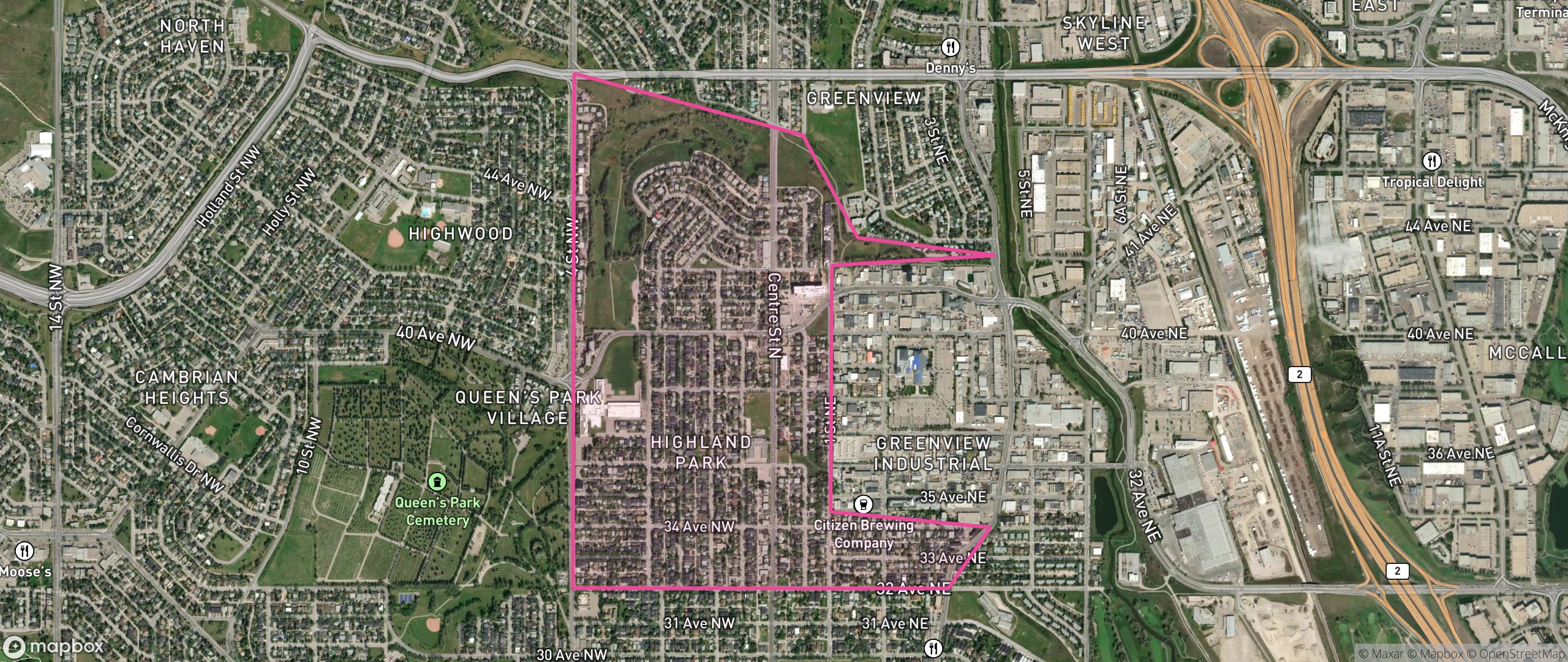 Map of Highland Park, Calgary showing the community boundary