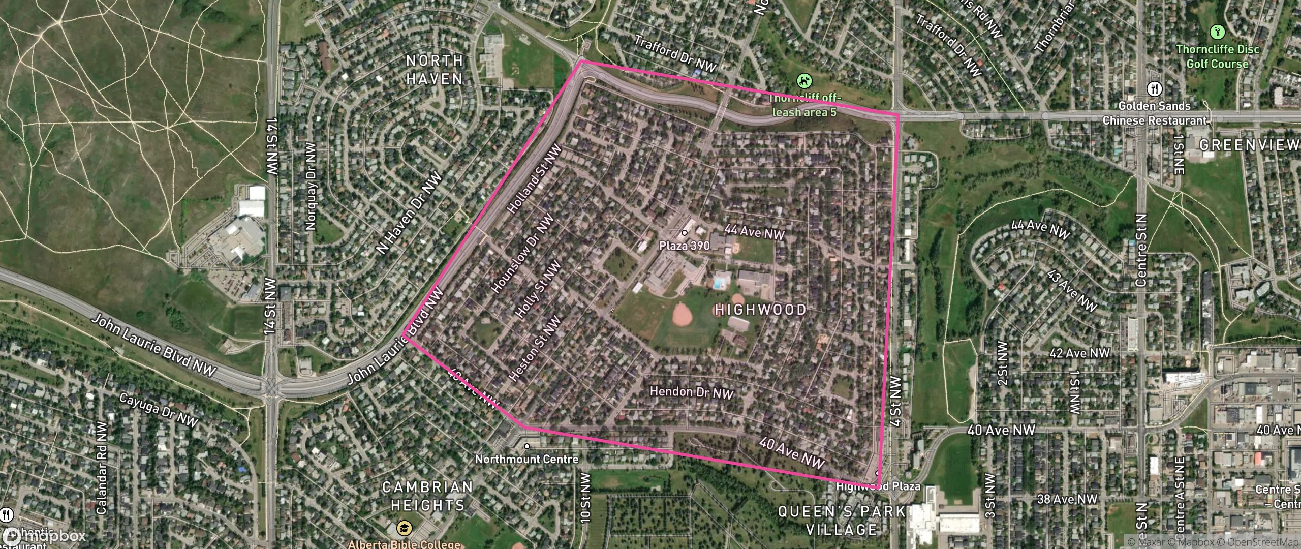 Map of Highwood, Calgary showing the community boundary