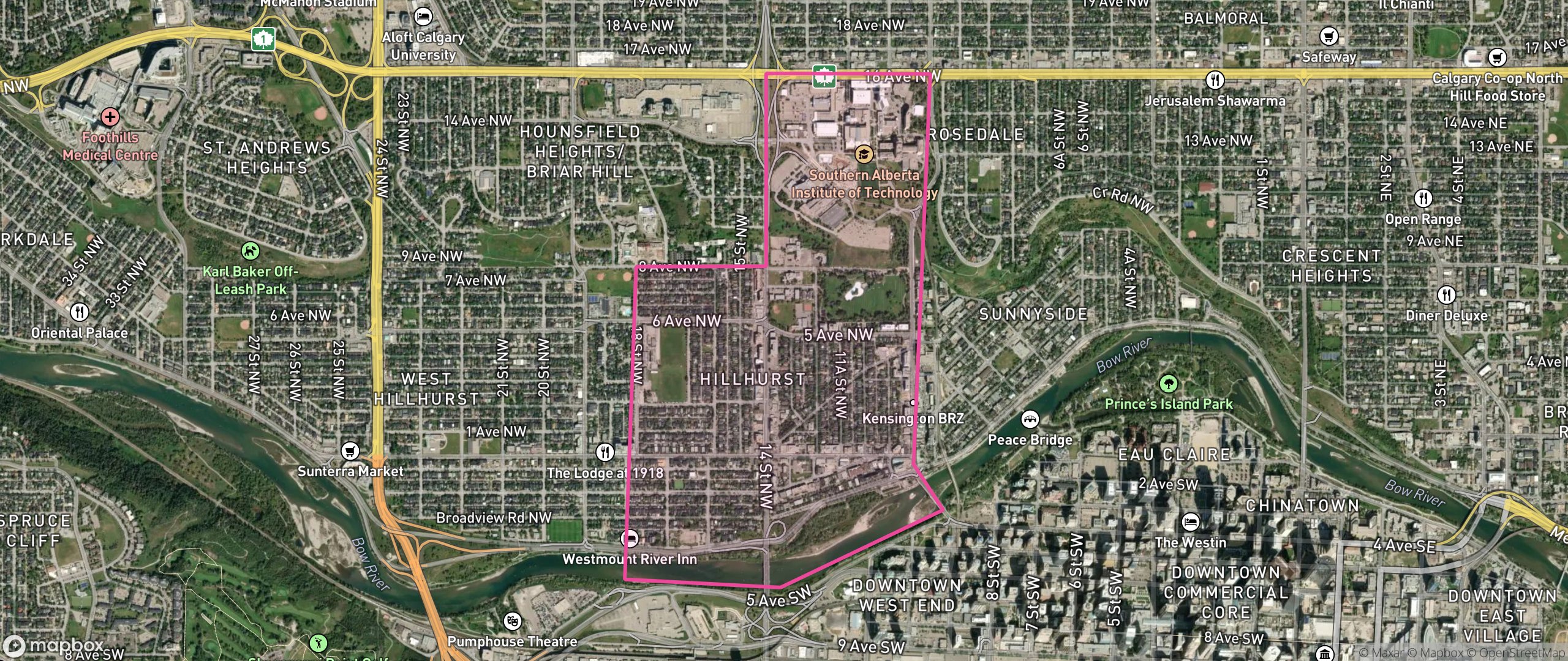 Map of Hillhurst, Calgary showing the community boundary