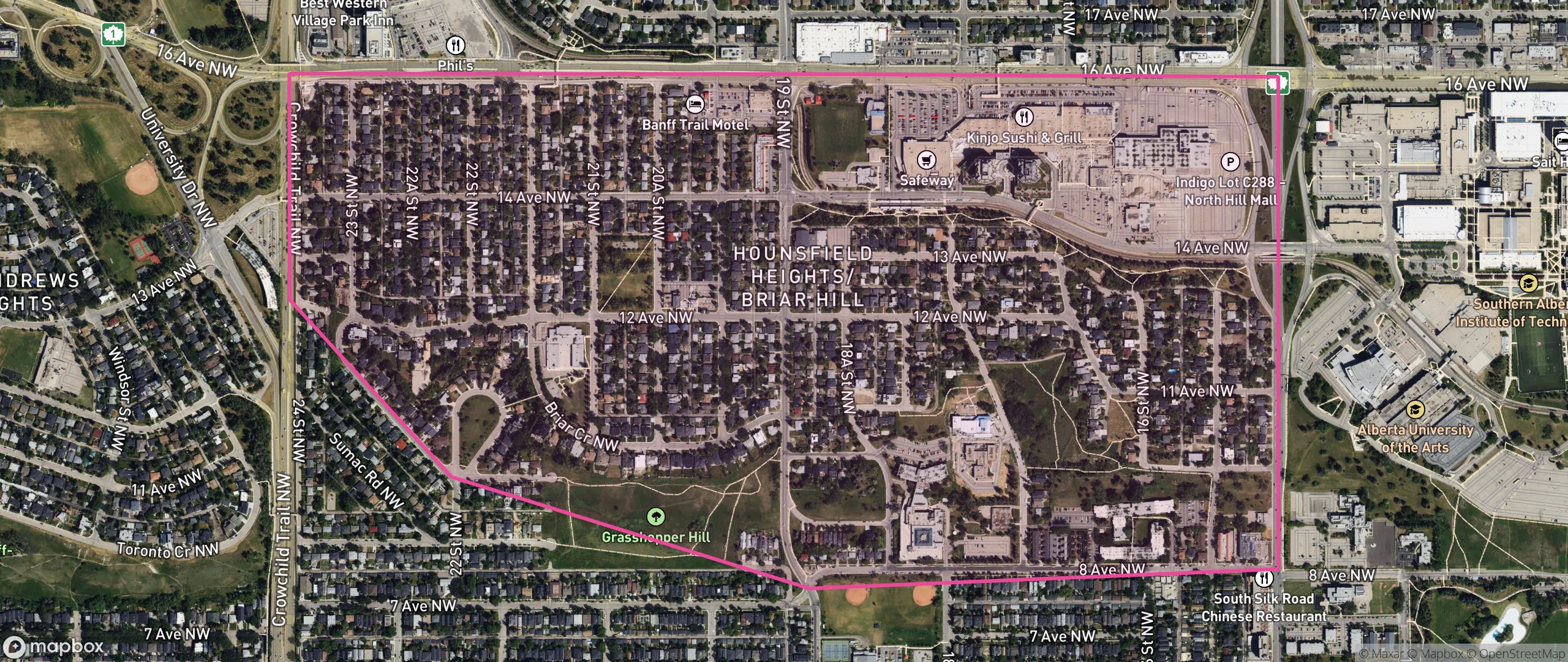 Map of Hounsfield Heights/Briar Hill, Calgary showing the community boundary