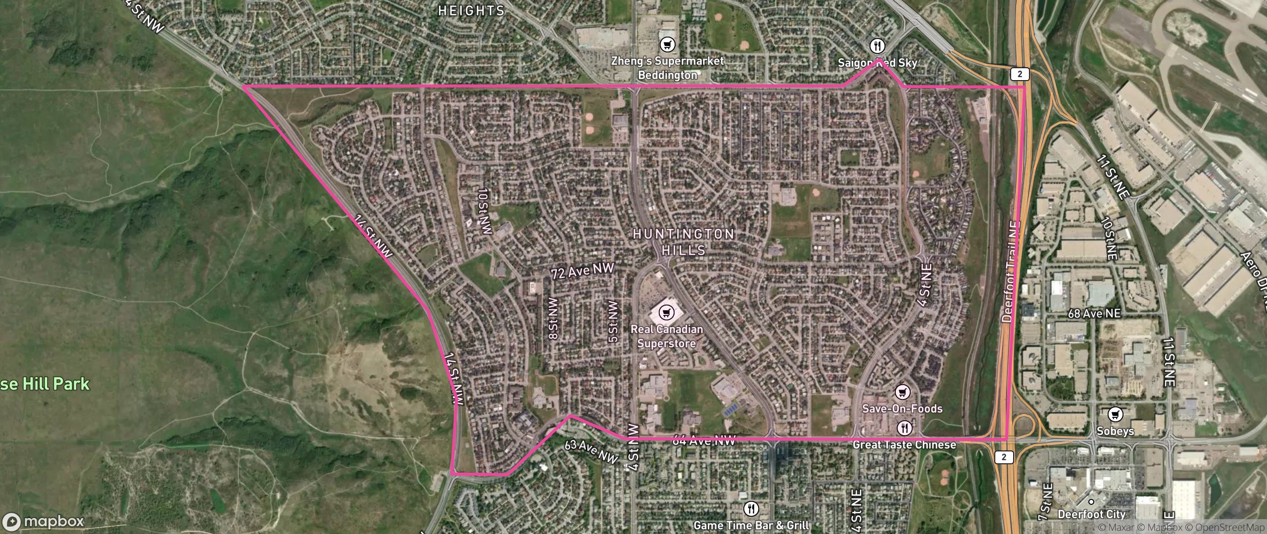 Map of Huntington Hills, Calgary showing the community boundary