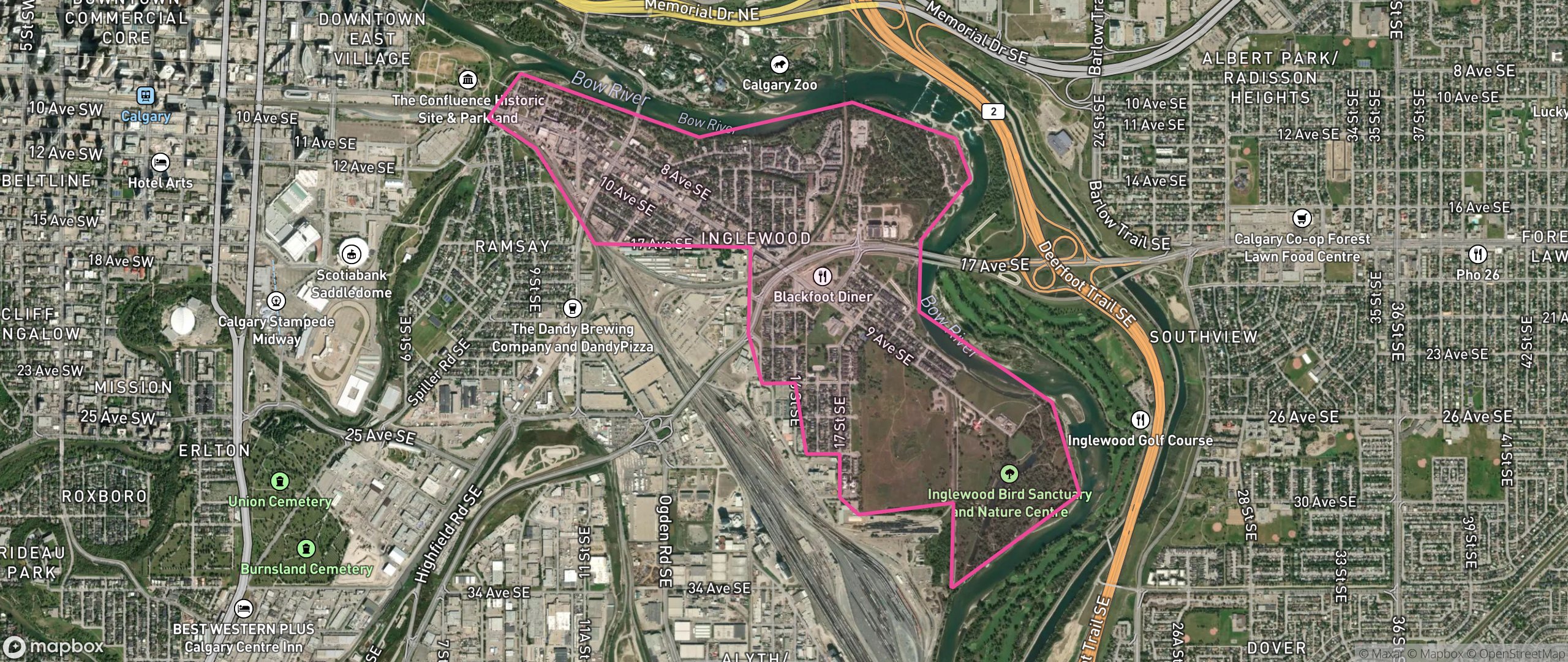 Map of Inglewood, Calgary showing the community boundary