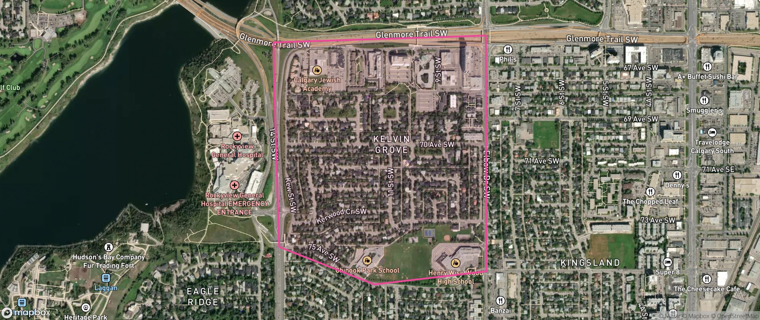 Map of Kelvin Grove, Calgary showing the community boundary