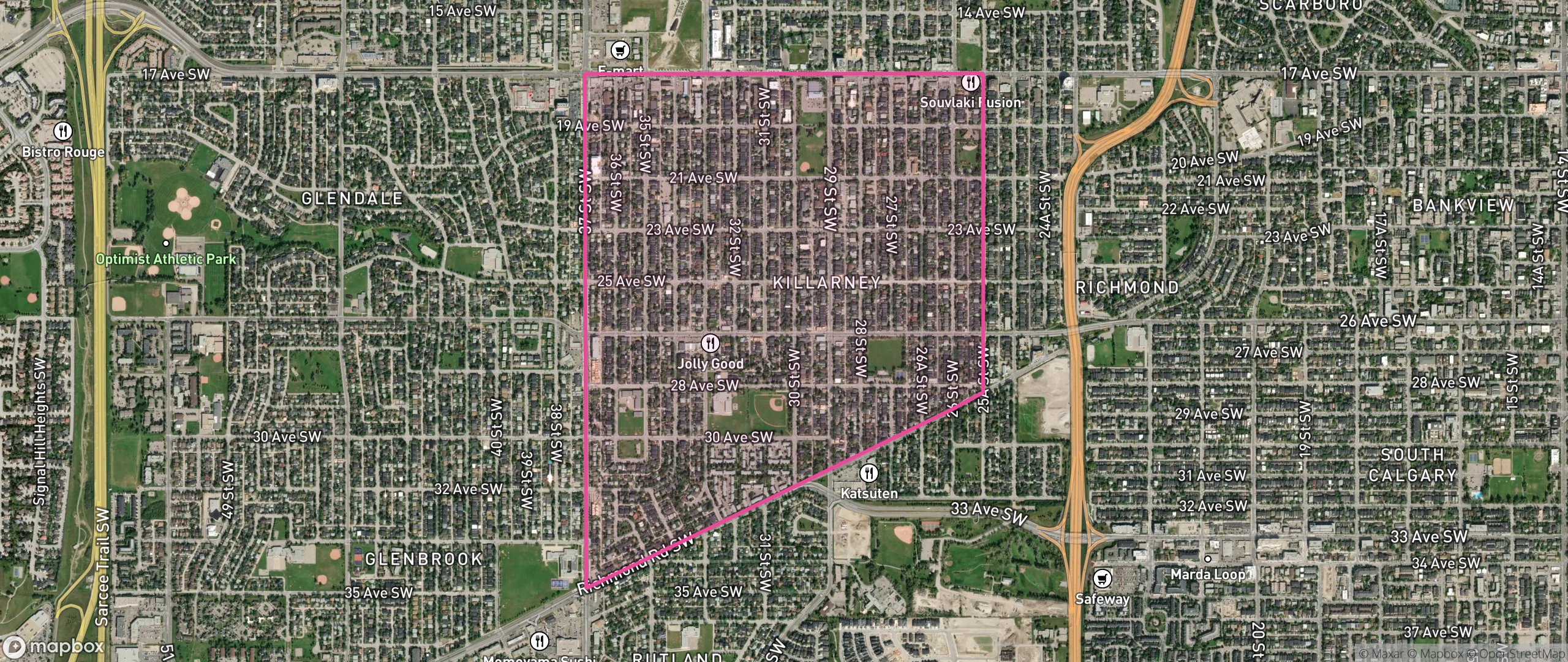 Map of Killarney/Glengarry, Calgary showing the community boundary