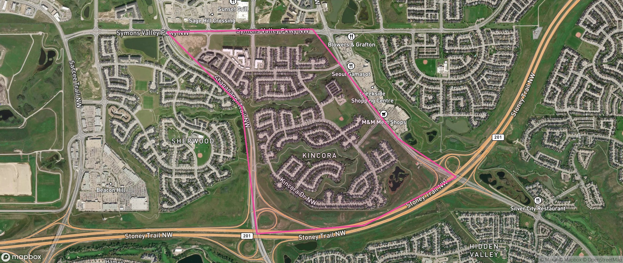 Map of Kincora, Calgary showing the community boundary