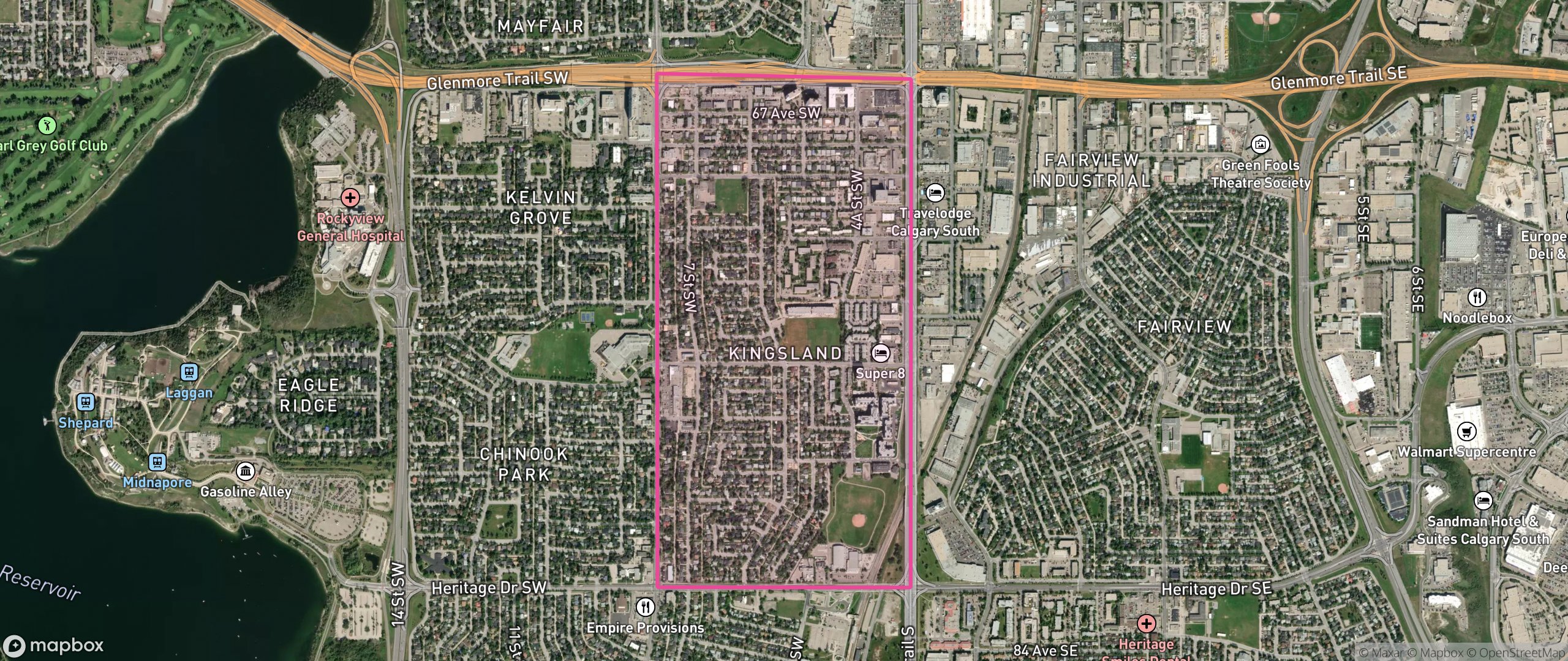 Map of Kingsland, Calgary showing the community boundary
