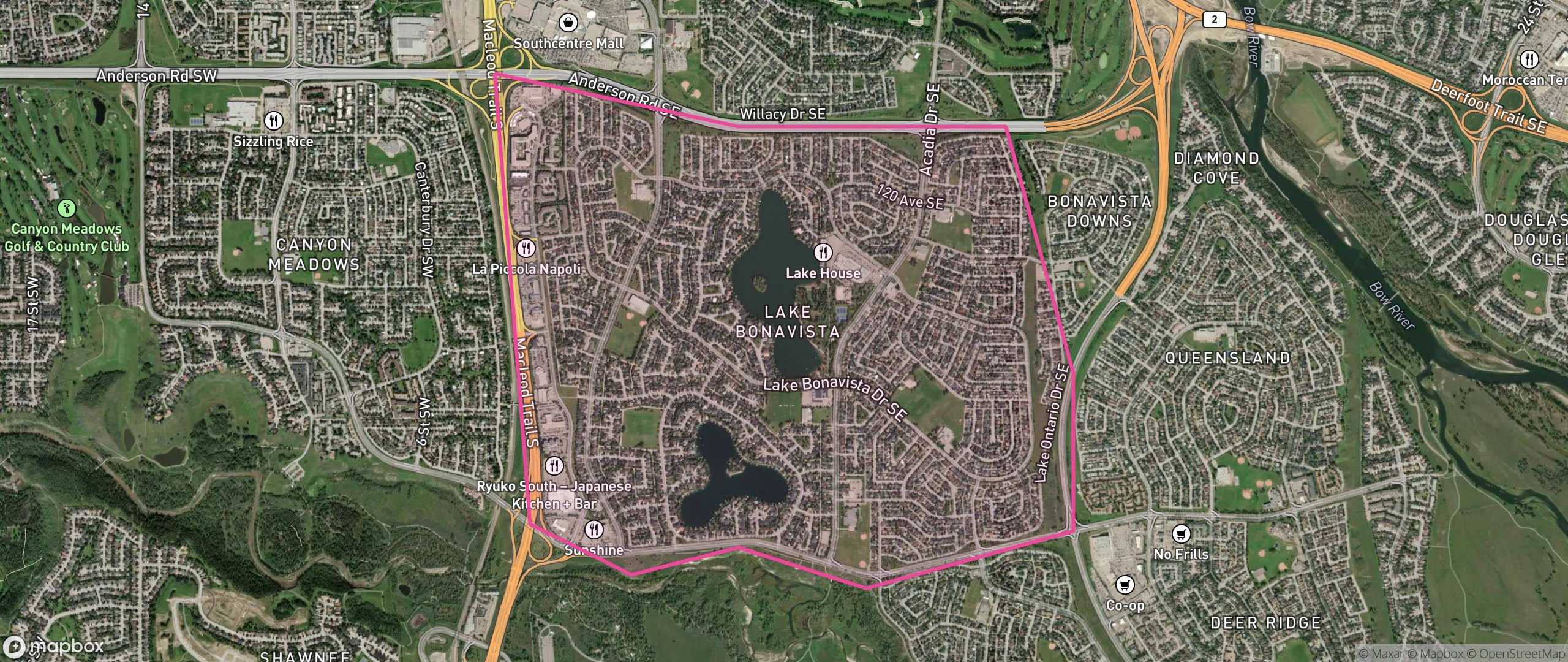 Map of Lake Bonavista, Calgary showing the community boundary