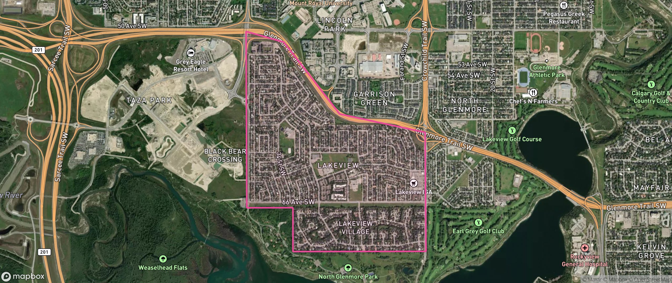 Map of Lakeview, Calgary showing the community boundary