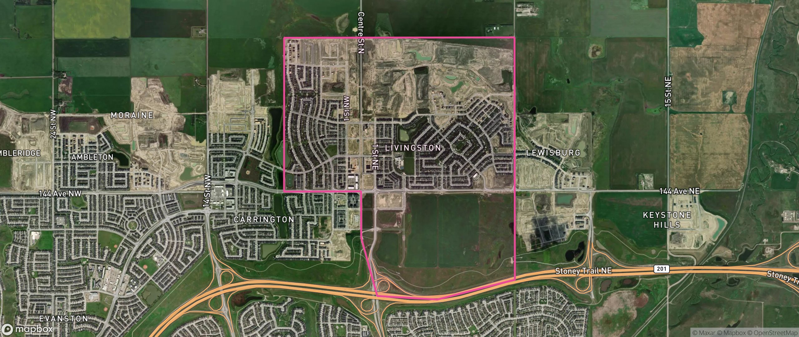 Map of Livingston, Calgary showing the community boundary