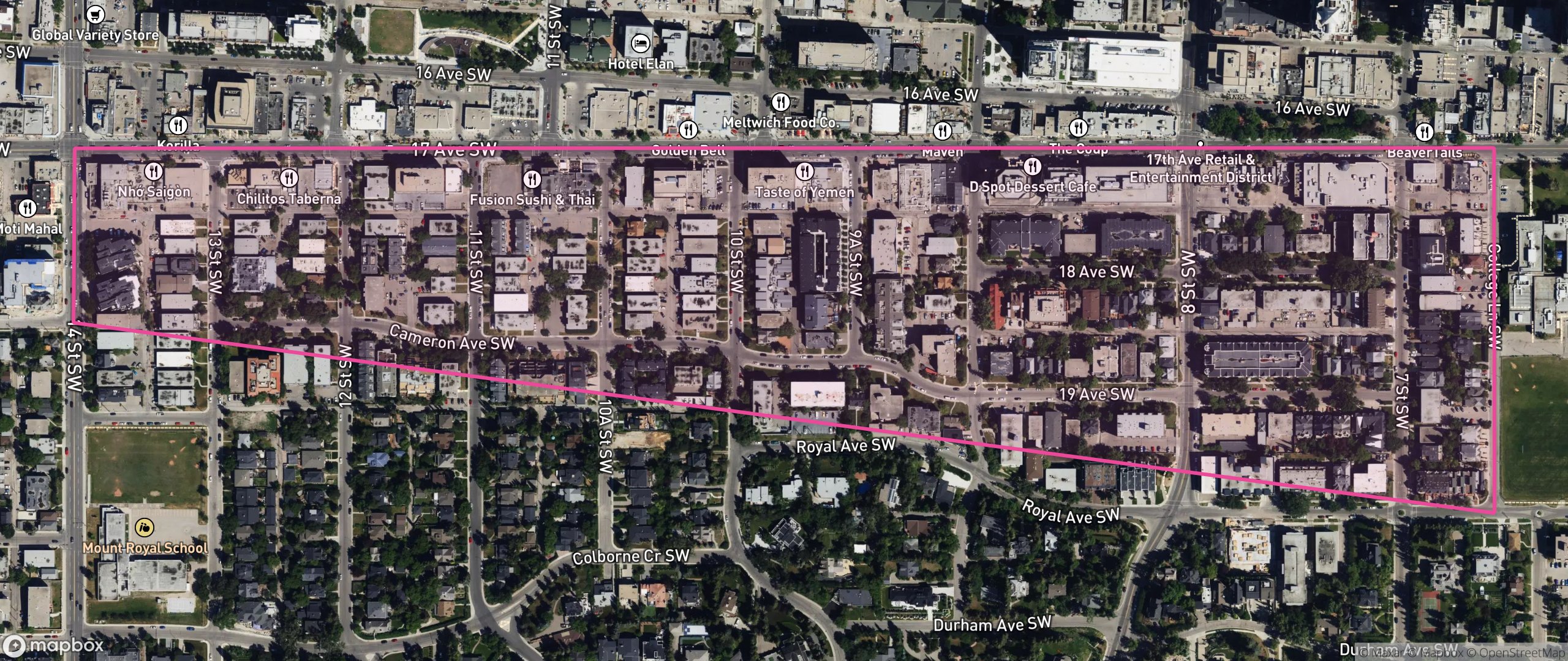 Map of Lower Mount Royal, Calgary showing the community boundary