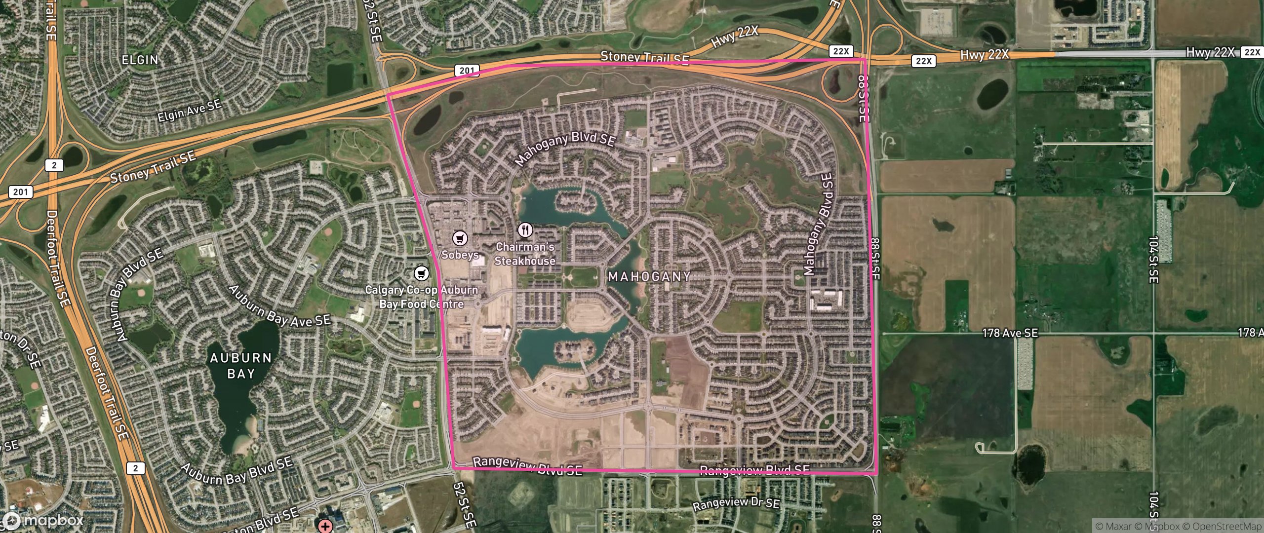 Map of Mahogany, Calgary showing the community boundary