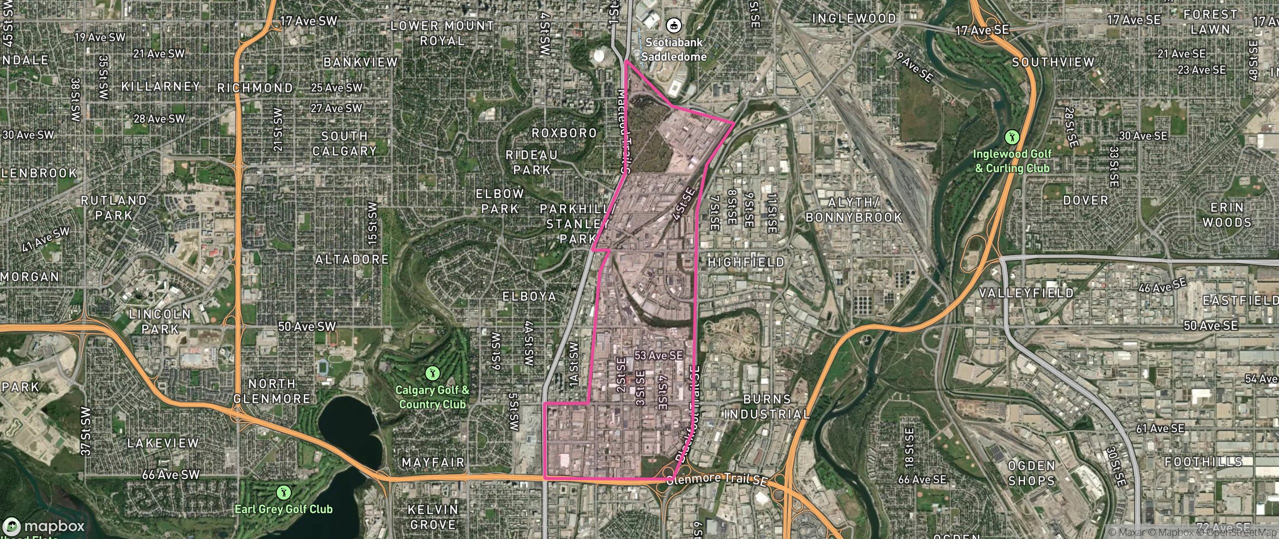 Map of Manchester Industrial, Calgary showing the community boundary