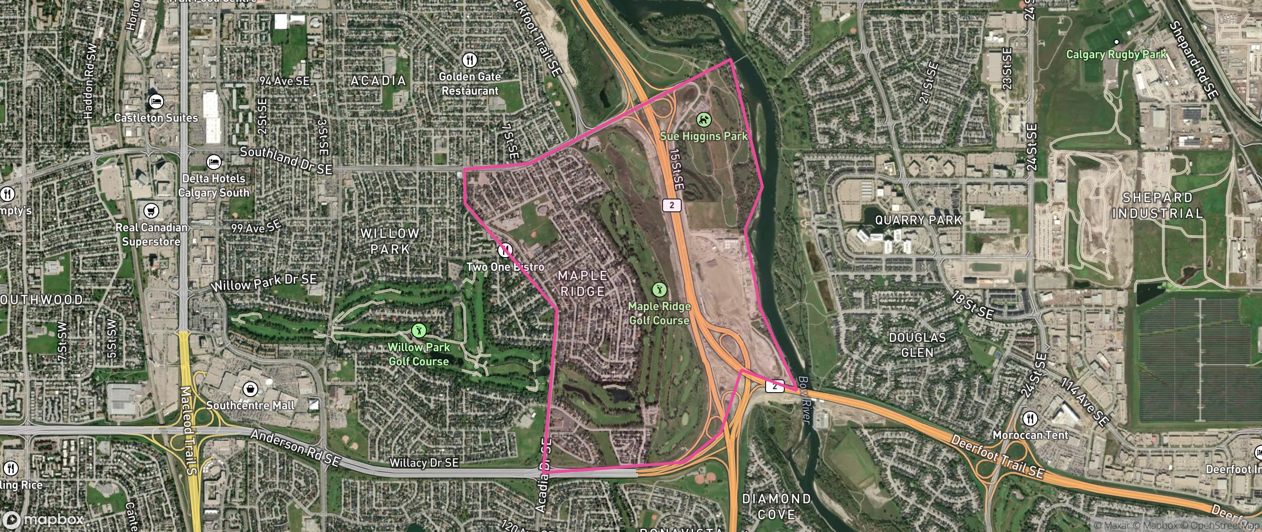 Map of Maple Ridge, Calgary showing the community boundary