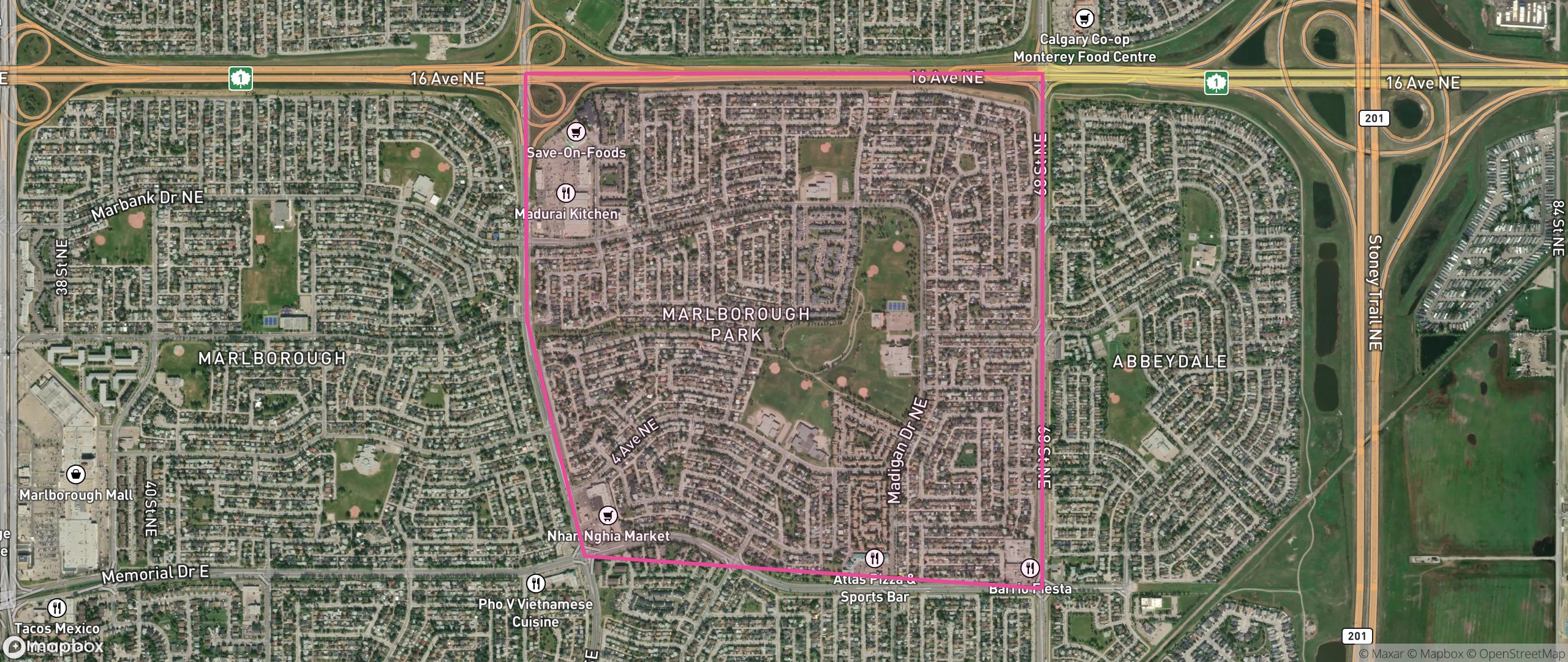 Map of Marlborough Park, Calgary showing the community boundary