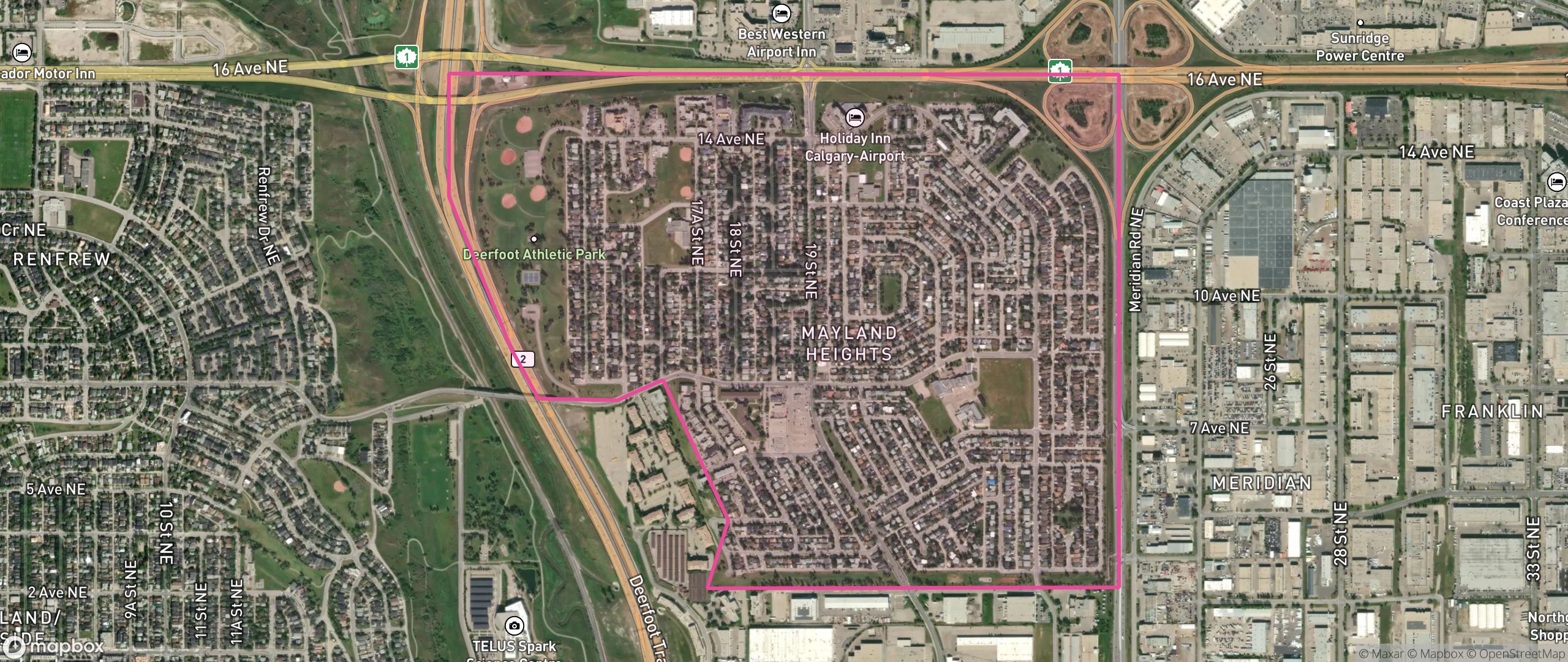Map of Mayland Heights, Calgary showing the community boundary