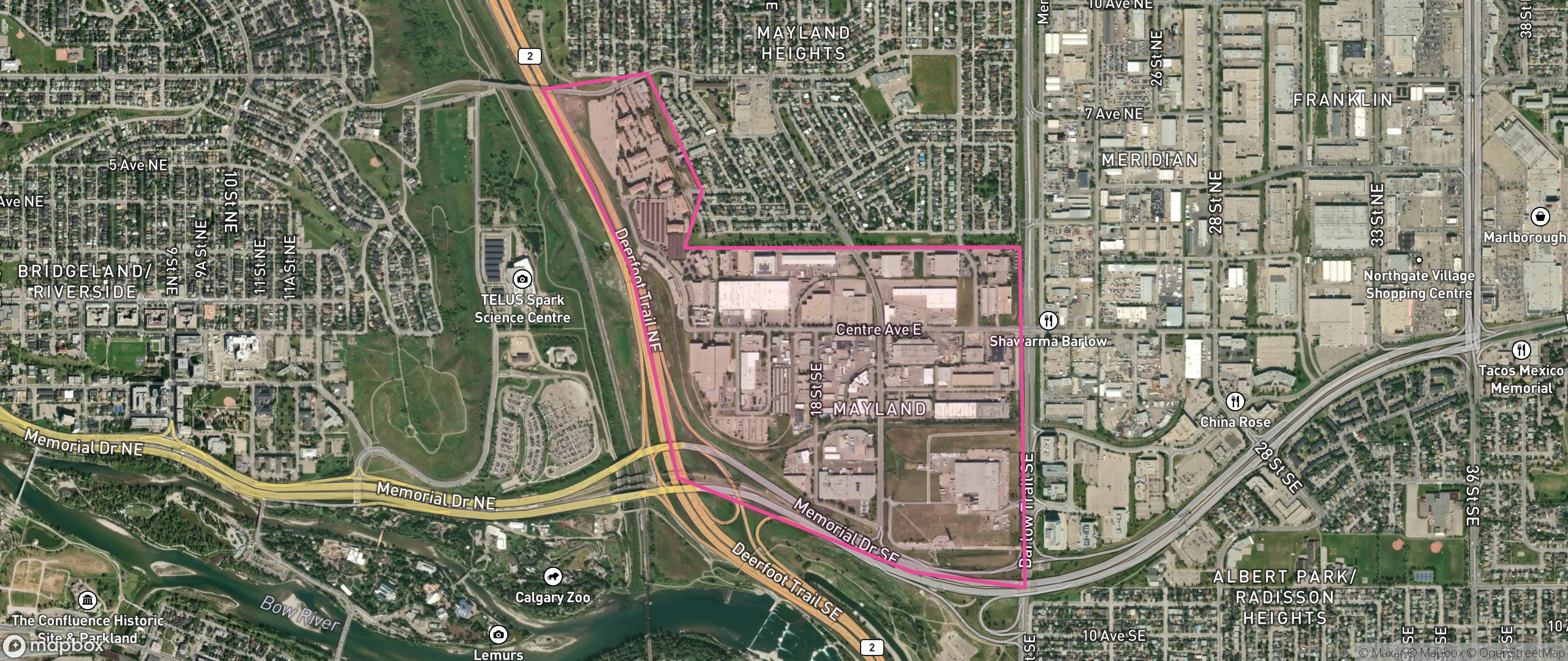 Map of Mayland, Calgary showing the community boundary