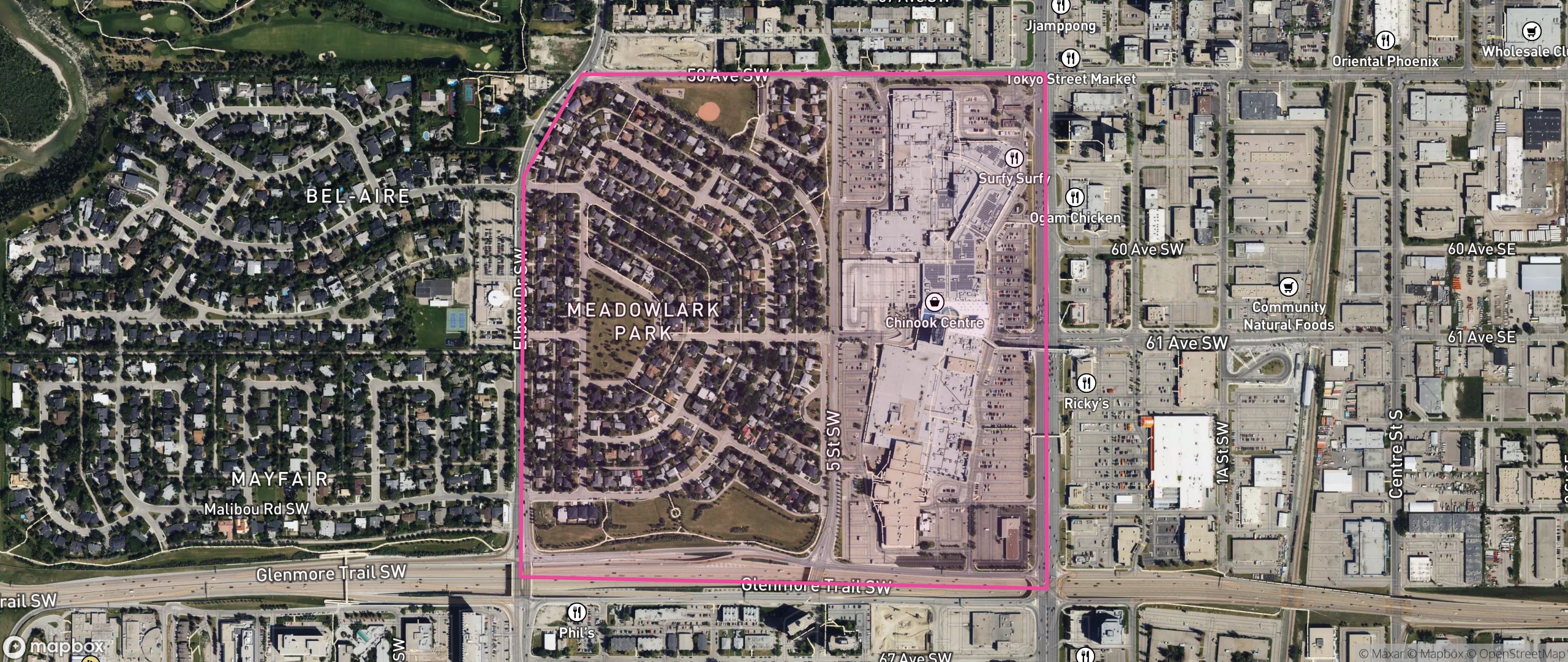 Map of Meadowlark Park, Calgary showing the community boundary