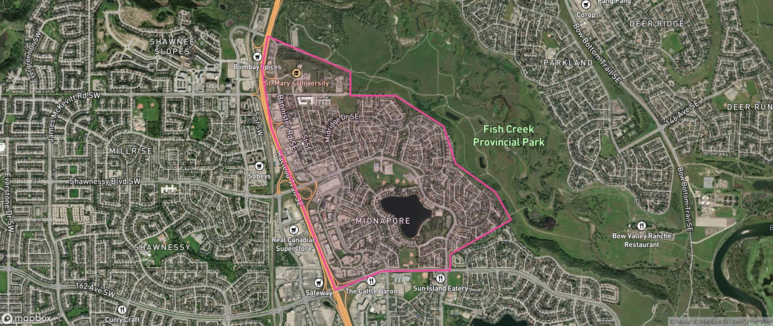 Map of Midnapore, Calgary showing the community boundary