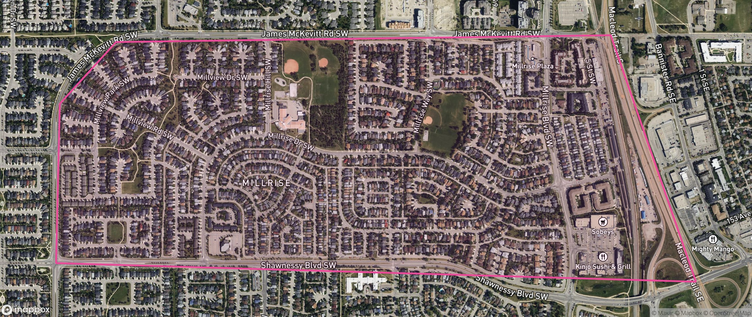 Map of Millrise, Calgary showing the community boundary