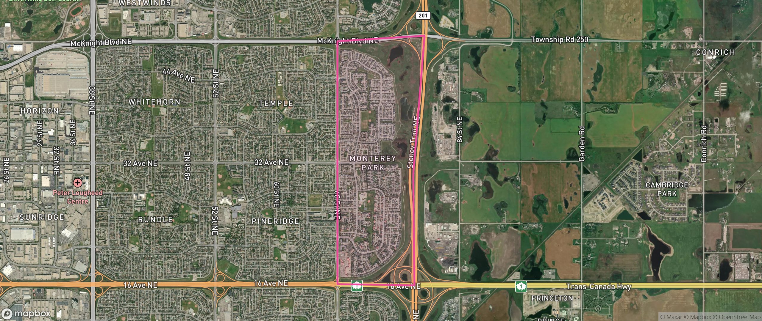 Map of Monterey Park, Calgary showing the community boundary