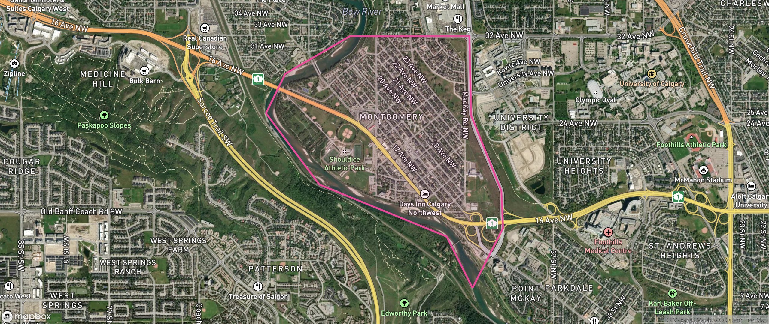 Map of Montgomery, Calgary showing the community boundary